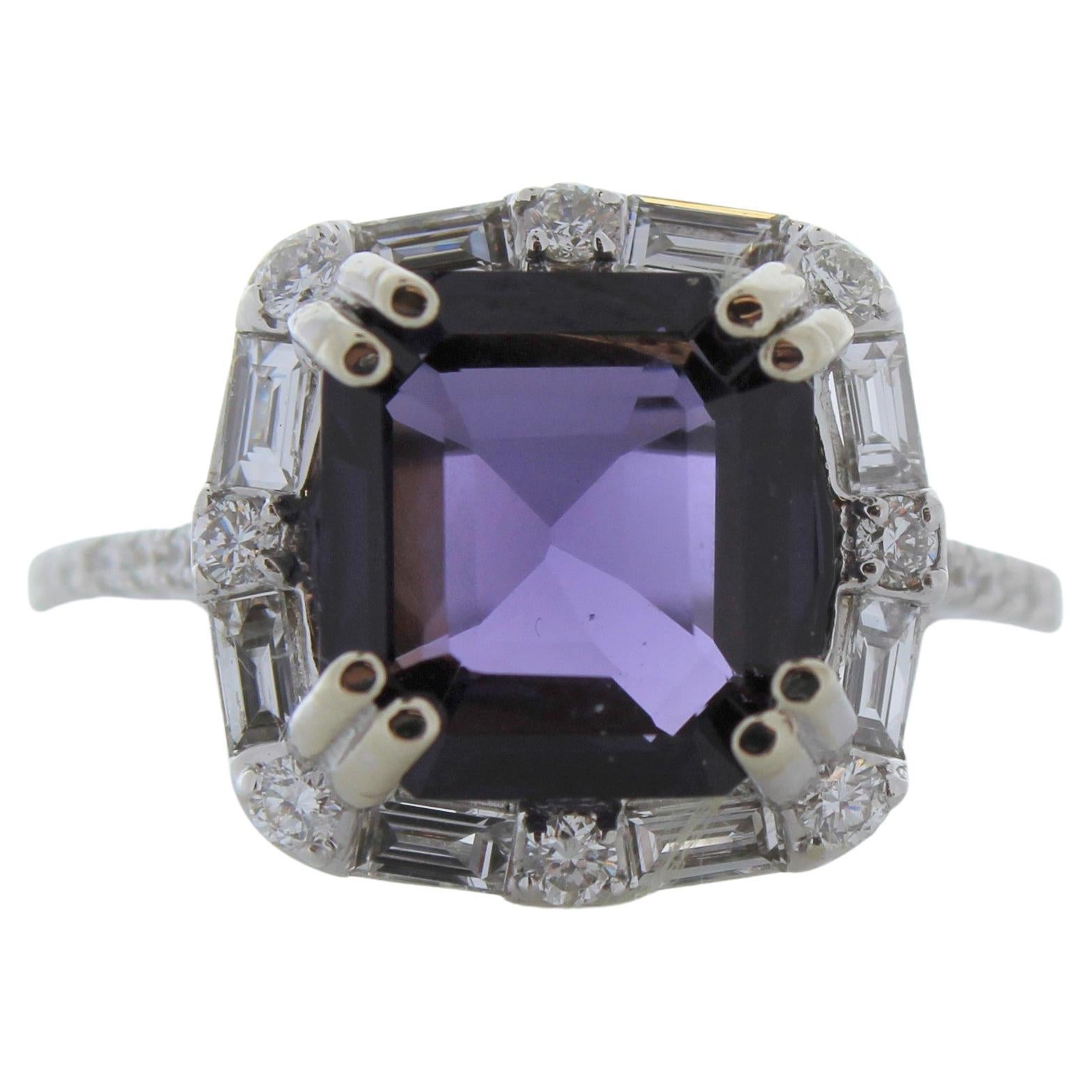 4.45 Carat Cushion Purple Spinel and Diamond Ring in 14K White Gold For Sale
