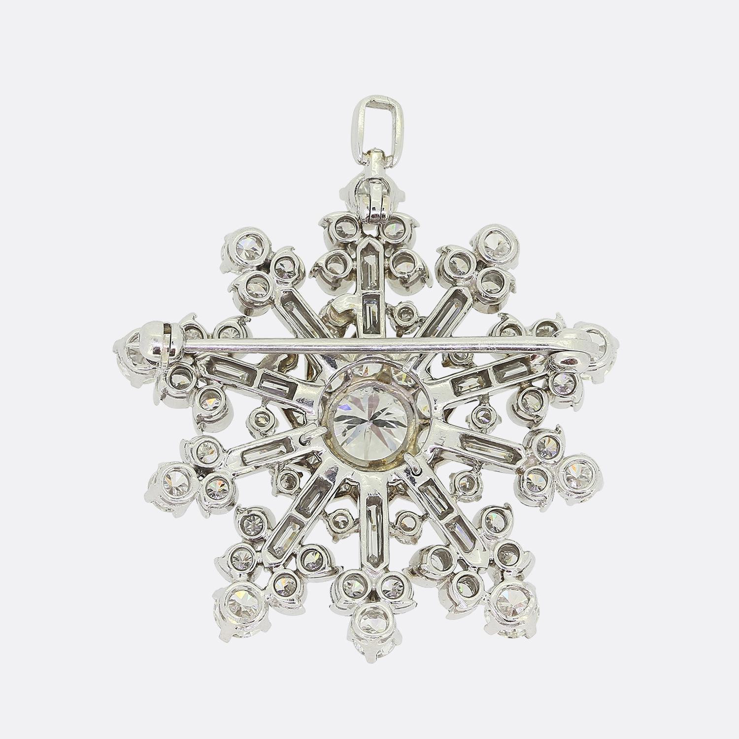 Here we have a stunning snowflake pendant design crafted entirely from platinum. Delicate openwork detailing on the frame of the pendant depicts the unique elements of each and every snowflake that forms - a symbol of rebirth and purity. This