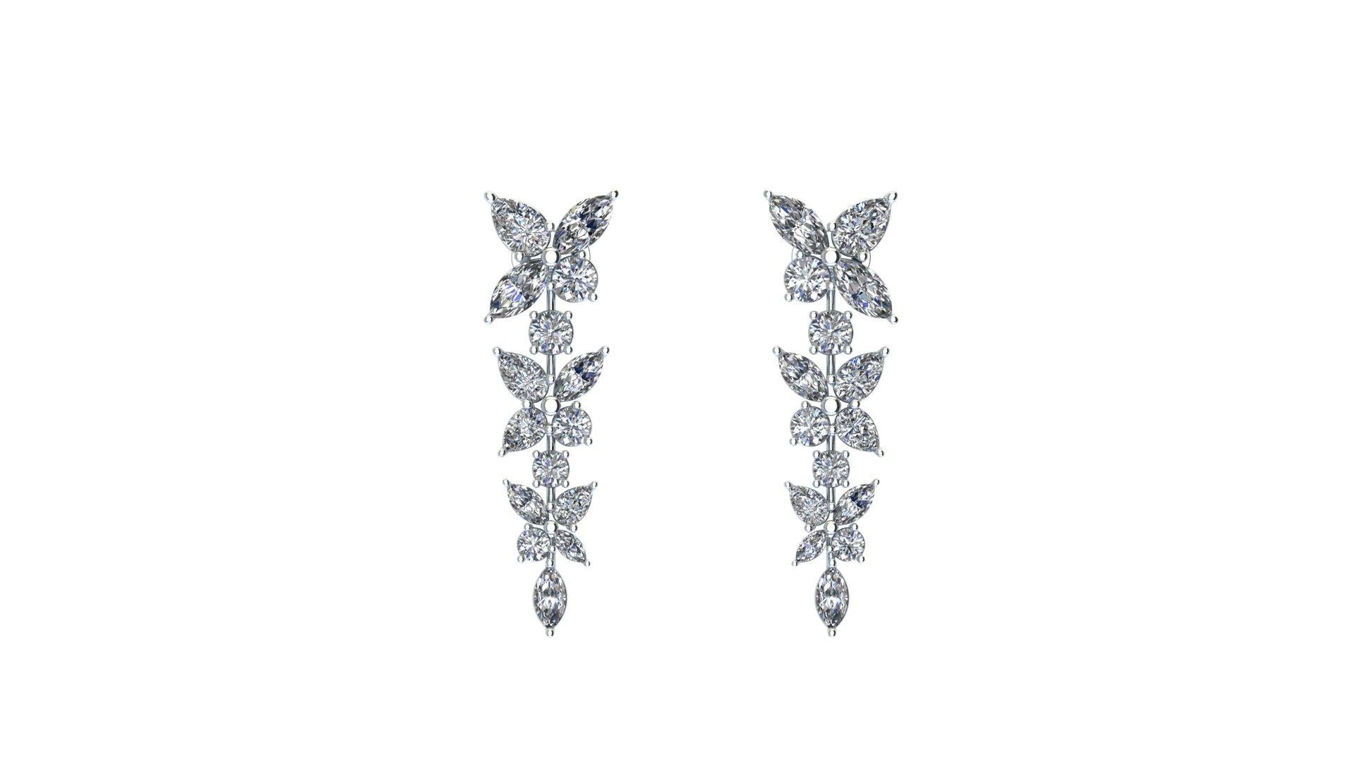 4.45 carats Marquise Diamond Cascade earrings made in Platinum in New York, excellent sparkle, sophisticated look, fine and elegant, comfortable, ideal for special occasions, anniversaries, weddings, push present.
The selected matching diamonds are