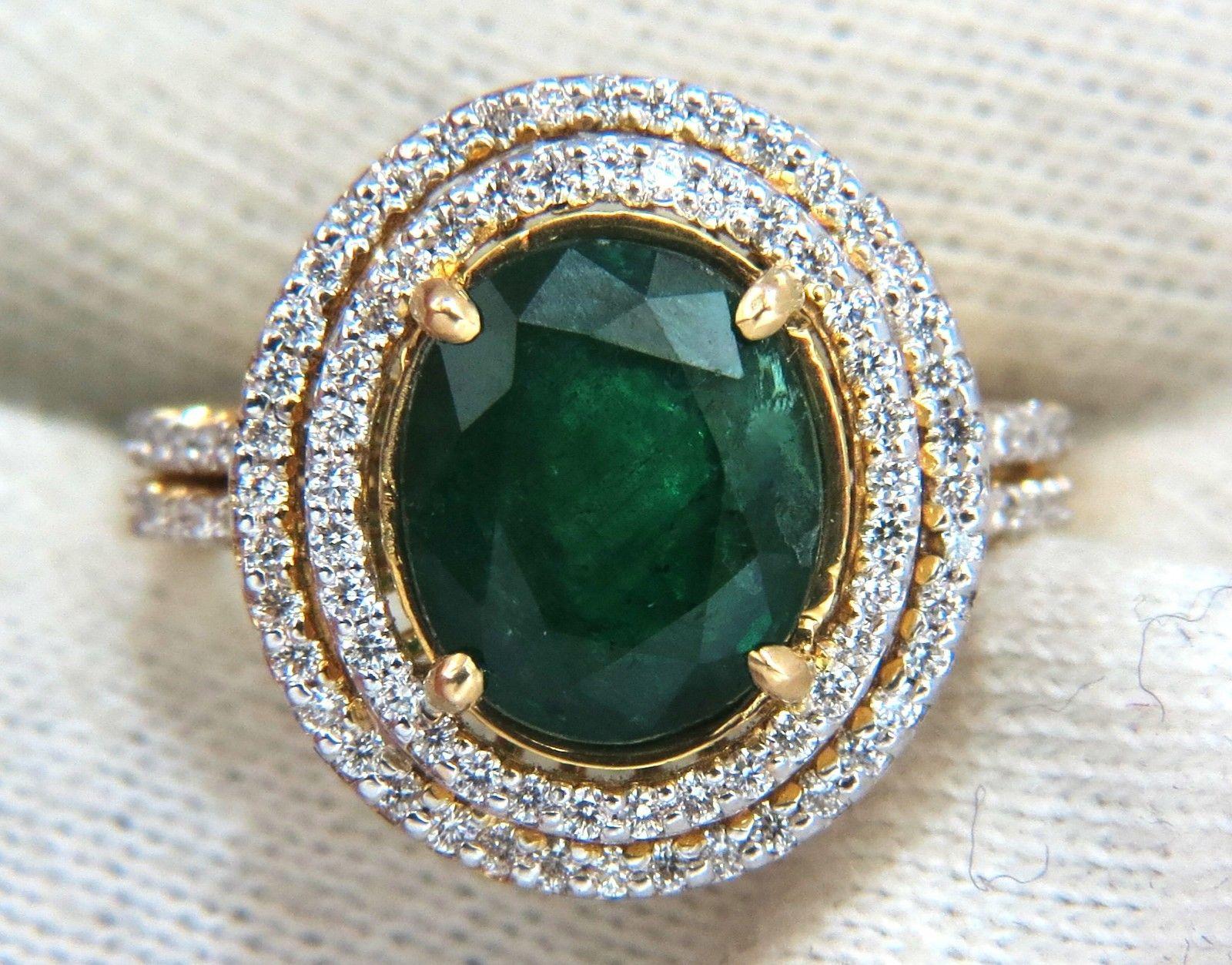 Oval Cut 4.45 Carat Natural Oval Emerald Diamond Ring 14 Karat Double Halo Deco
