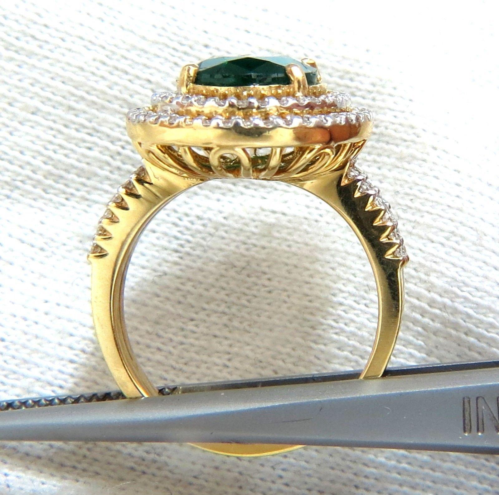 4.45 Carat Natural Oval Emerald Diamond Ring 14 Karat Double Halo Deco In New Condition In New York, NY