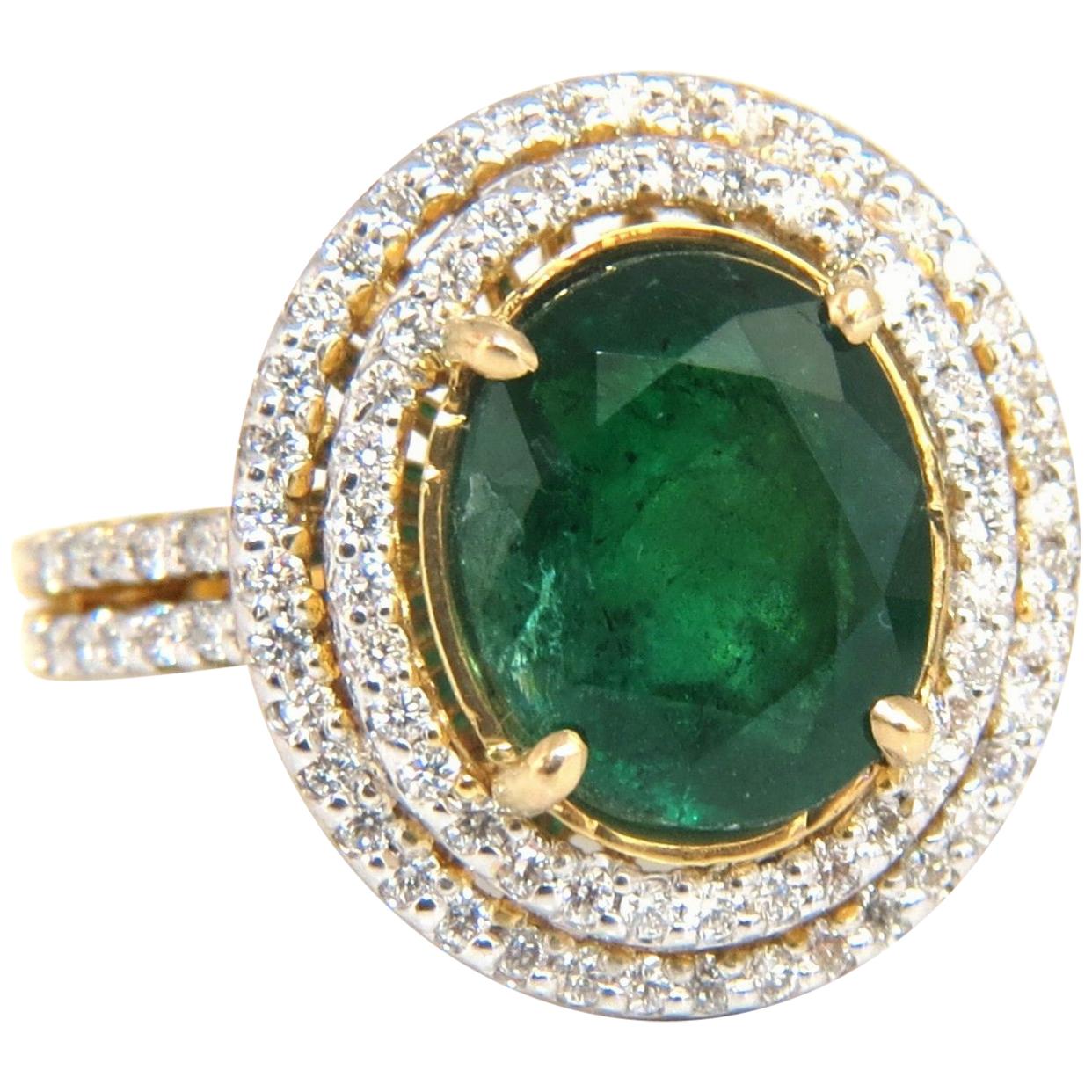 4.45 Carat Natural Oval Emerald Diamond Ring 14 Karat Double Halo Deco