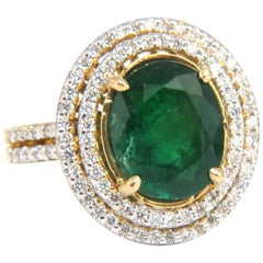 4.45 Carat Natural Oval Emerald Diamond Ring 14 Karat Double Halo Deco