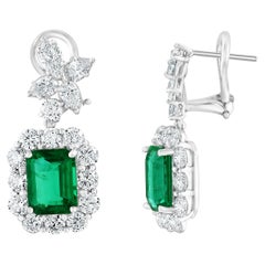 4.45 Carat of Emerald Cut Emerald and Diamond Drop Earrings in 18K White Gold