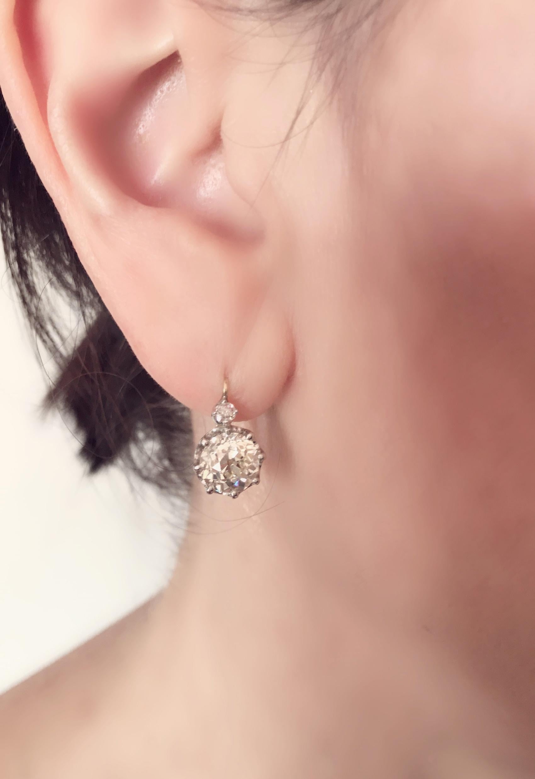 4.45 Carat Old European Cut Diamond Dormeuse Drop Earrings 10