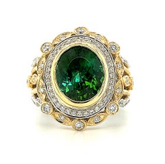 Green Tourmaline and Diamond Cocktail Ring in 18k Gold, 4.45 Carats