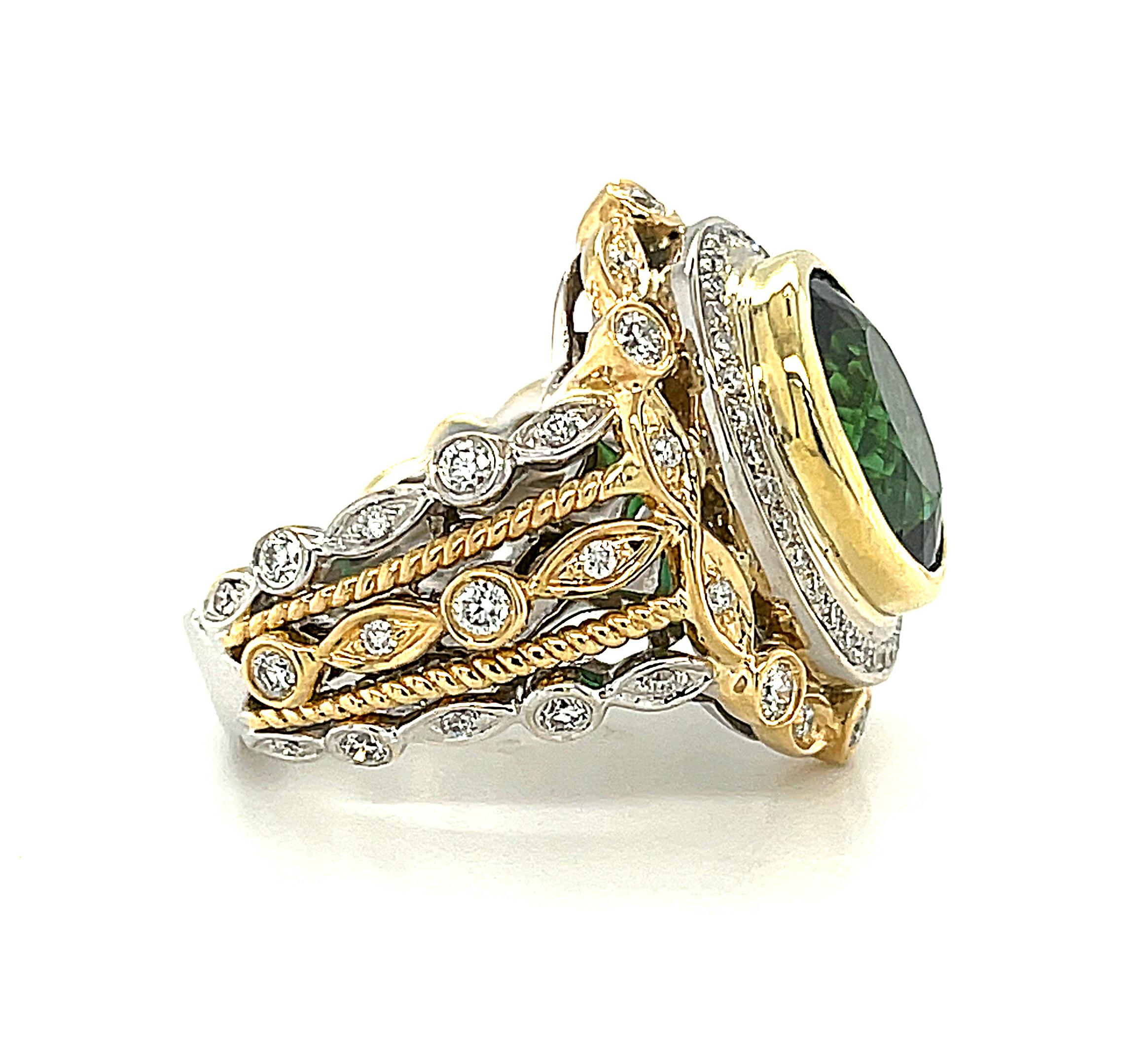 Oval Cut Green Tourmaline and Diamond Cocktail Ring in 18k Gold, 4.45 Carats For Sale