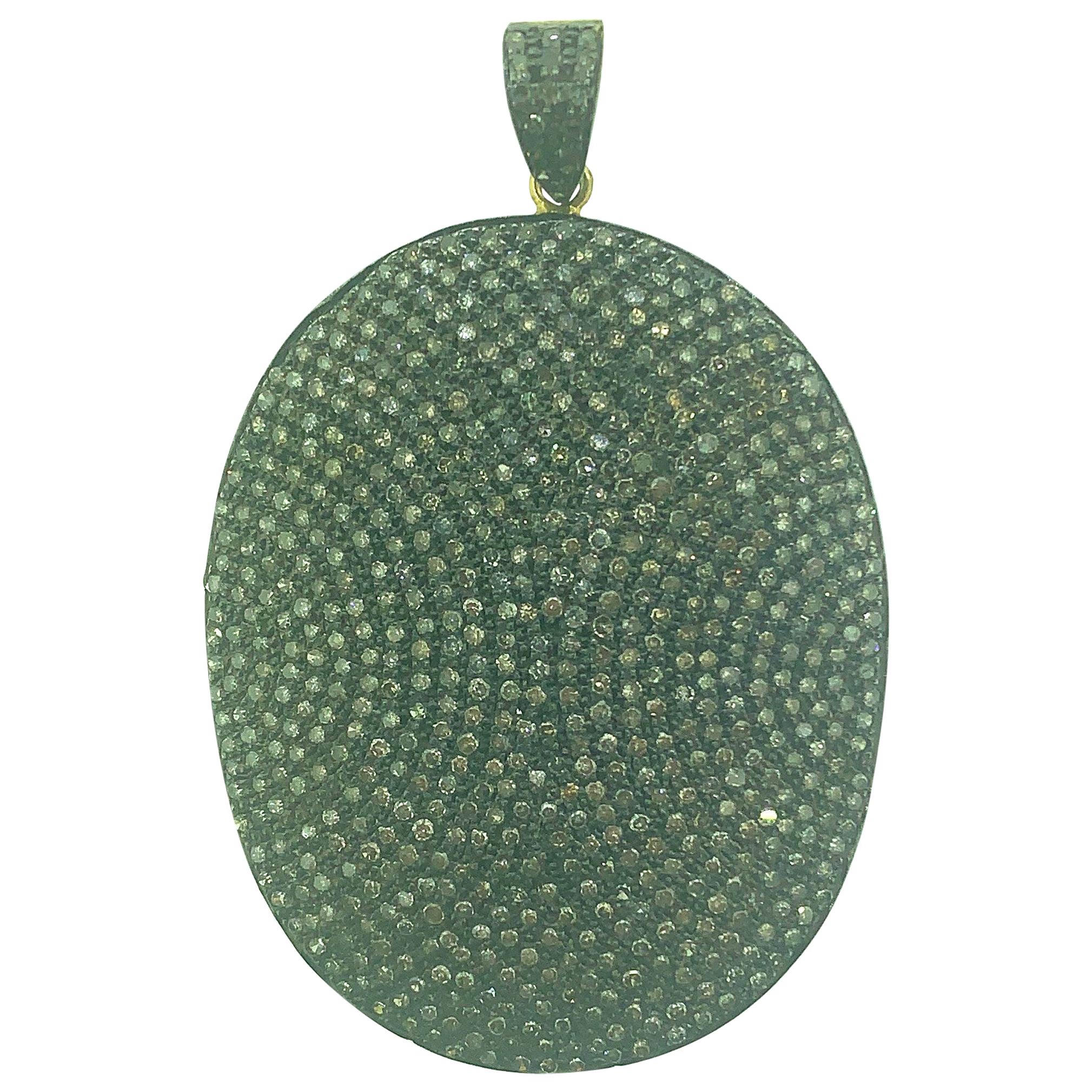 4.45 Carat Oval Pave Diamond Pendant in Oxidized Sterling Silver, 14 Karat Gold For Sale
