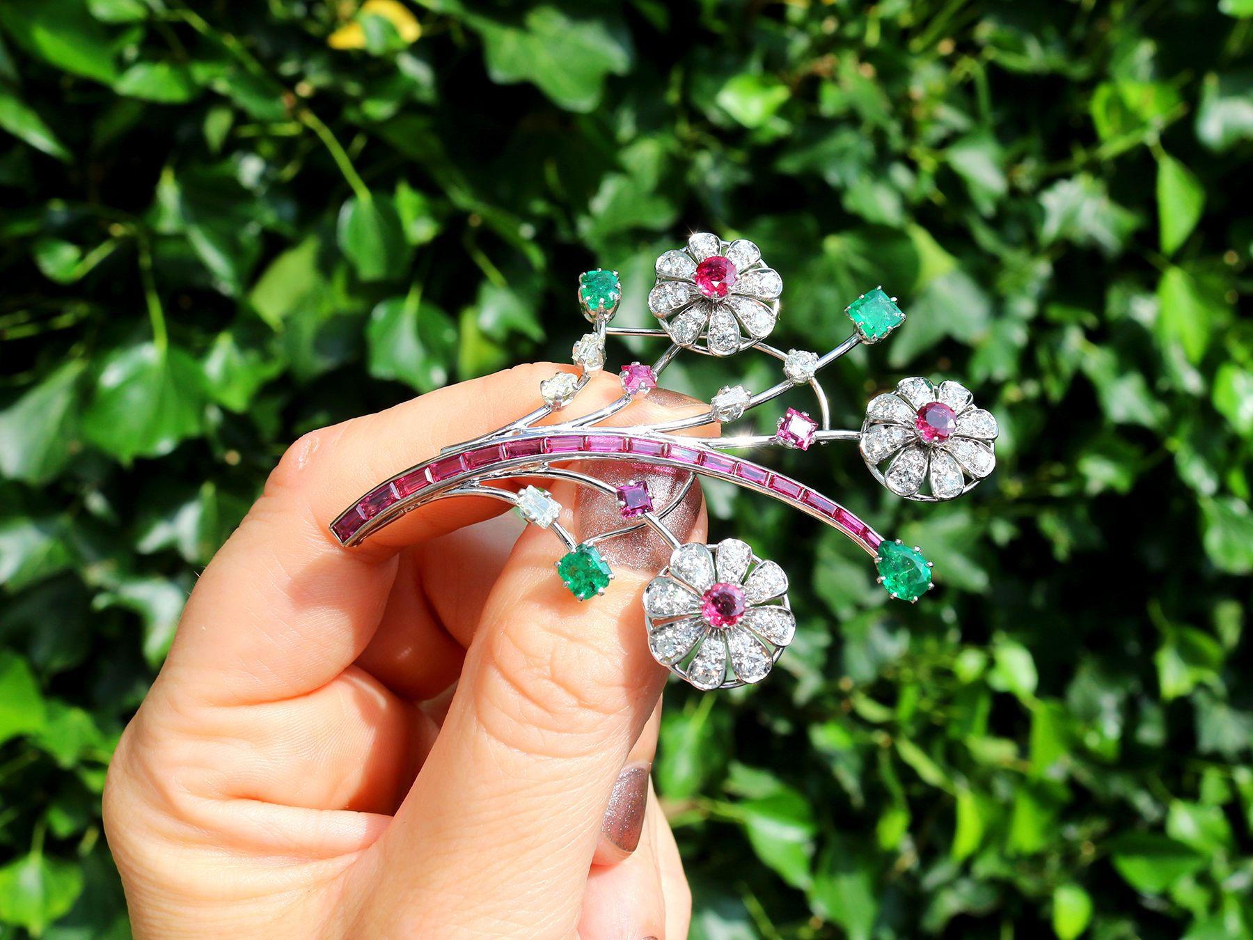 A magnificent, fine and impressive antique 4.45 carat Thai ruby, 1.90 carat Zambian emerald and 3.85 carat diamond, platinum, 9 and 18 karat white gold brooch; part of our diverse jewelry collections.

This magnificent, fine and impressive antique