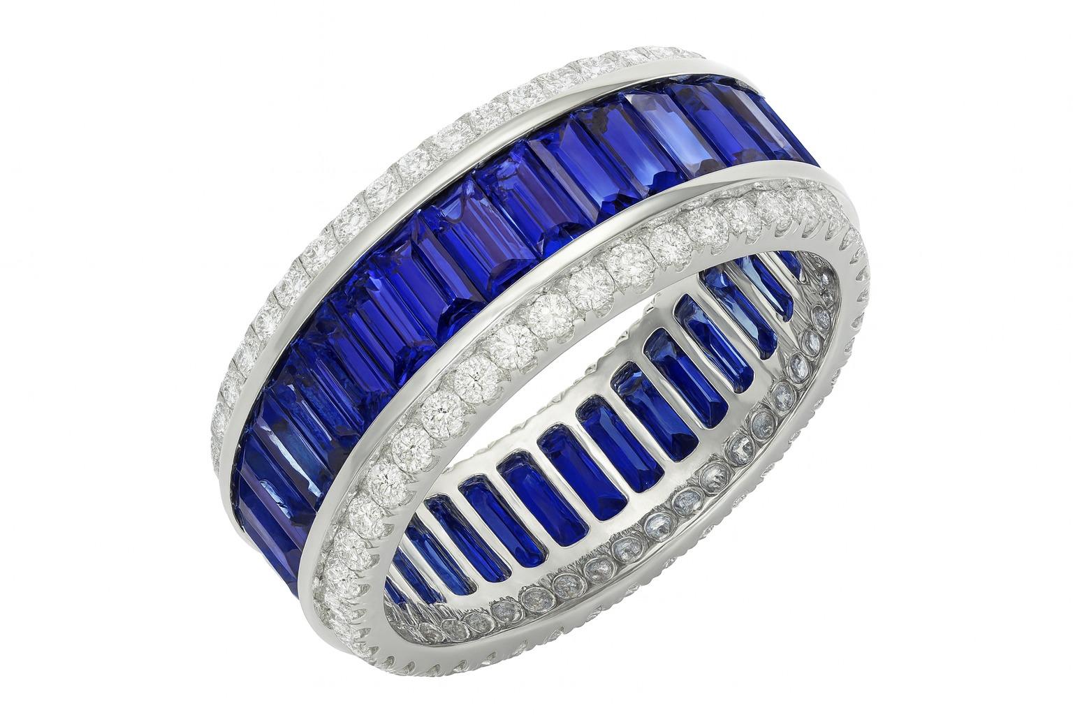 Emerald Cut 4.45 Carat Sapphire and Diamond Eternity Band Ring in 18 Karat White Gold For Sale