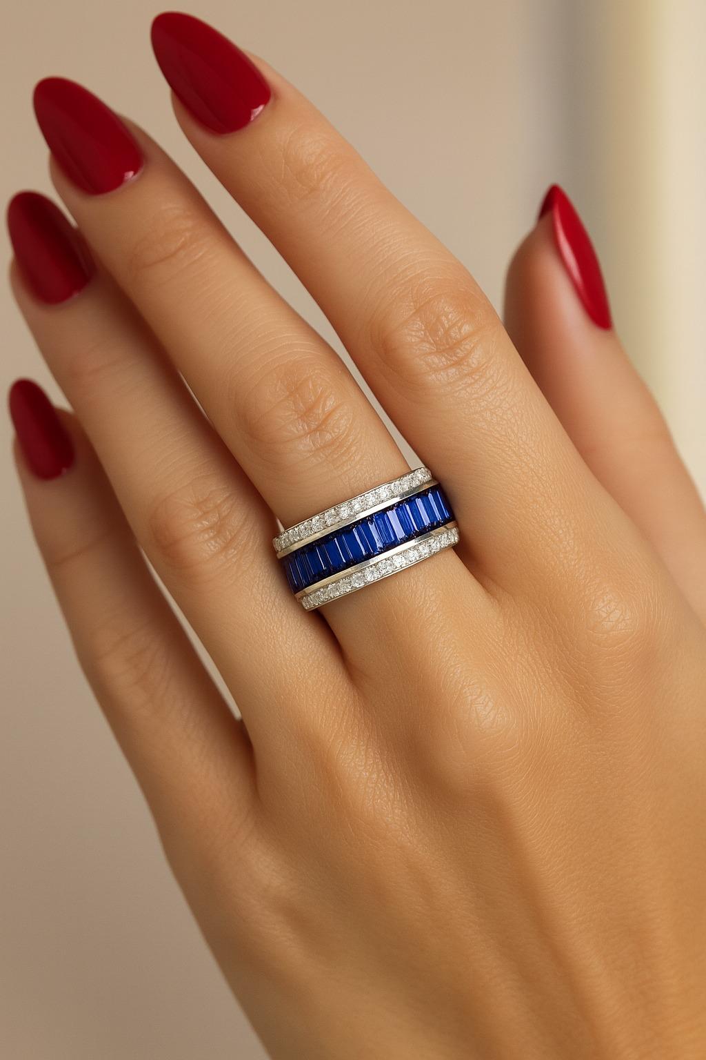 Women's 4.45 Carat Sapphire and Diamond Eternity Band Ring in 18 Karat White Gold For Sale