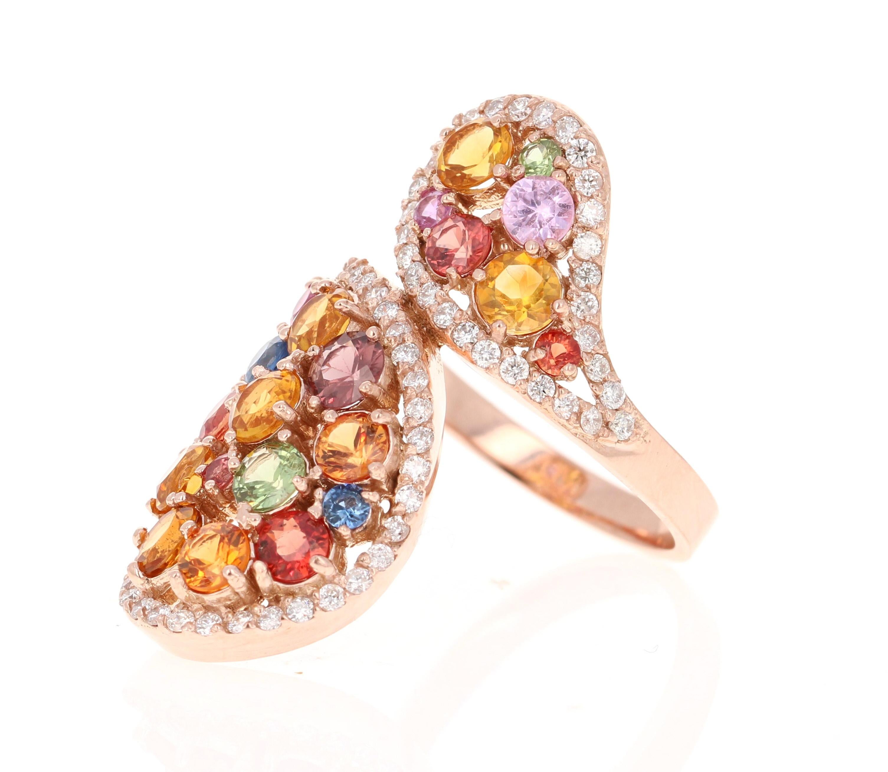 Contemporary Multi-Color Sapphire Topaz and Diamond Rose Gold Cocktail Ring
