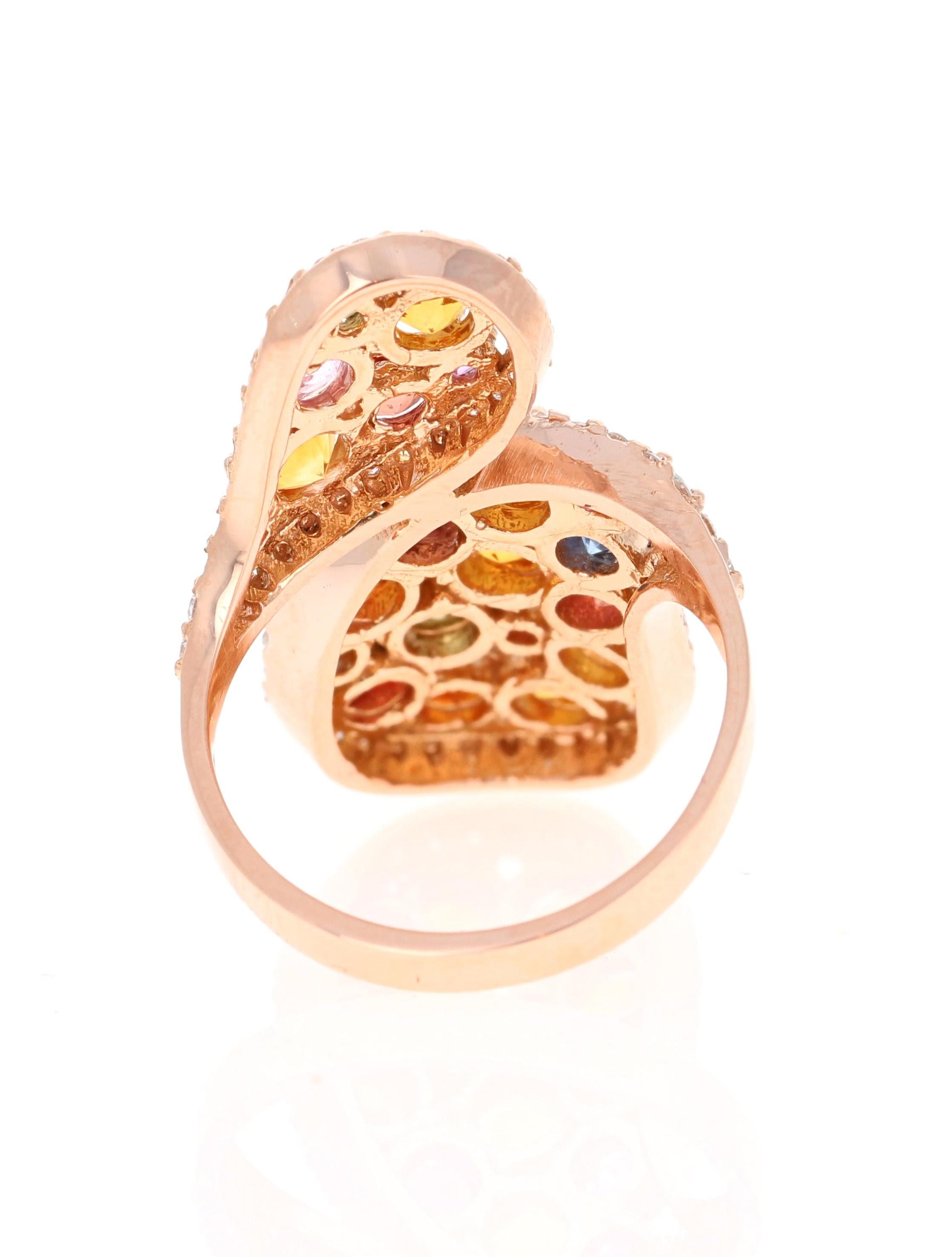 Round Cut Multi-Color Sapphire Topaz and Diamond Rose Gold Cocktail Ring