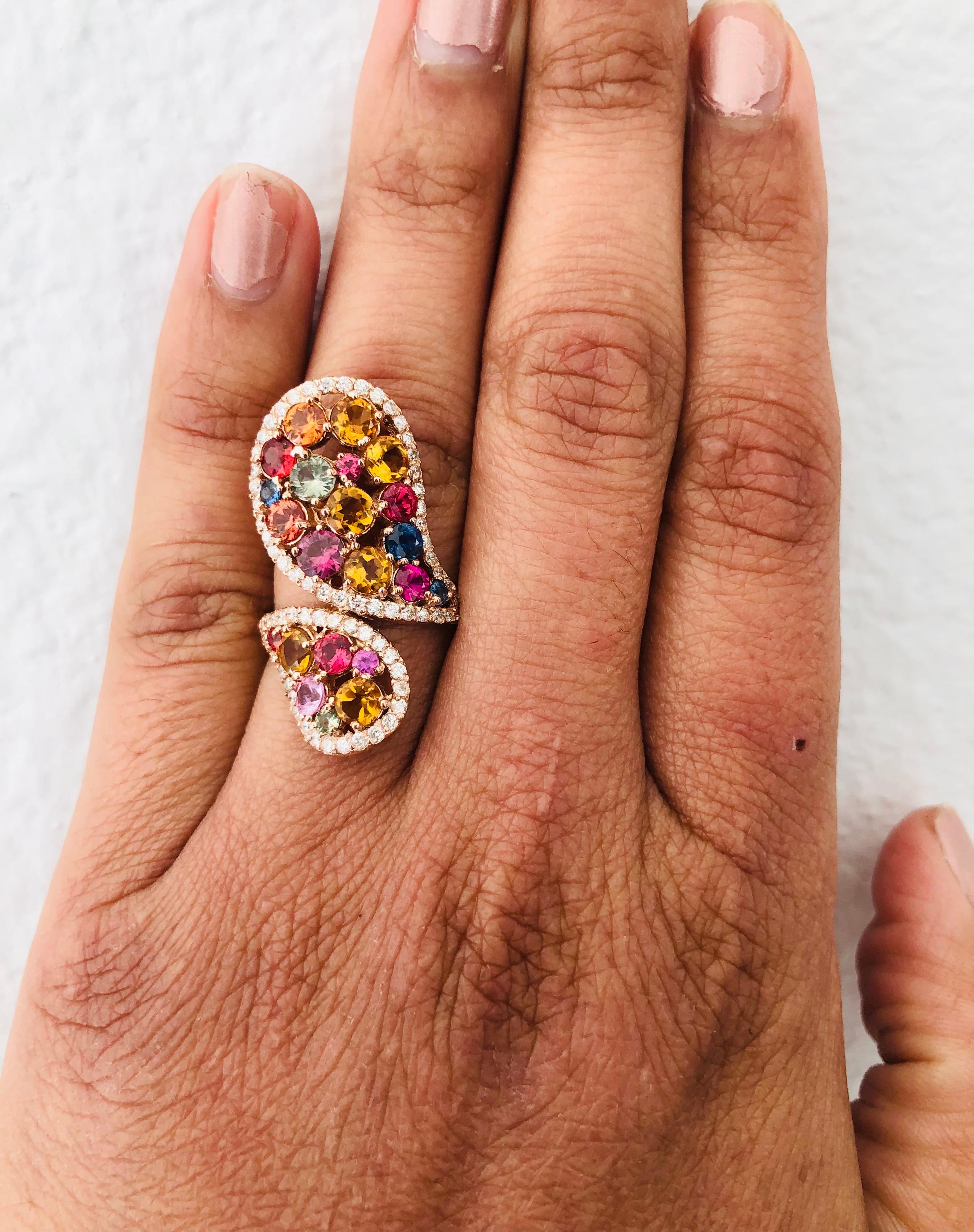 Multi-Color Sapphire Topaz and Diamond Rose Gold Cocktail Ring In New Condition In Los Angeles, CA