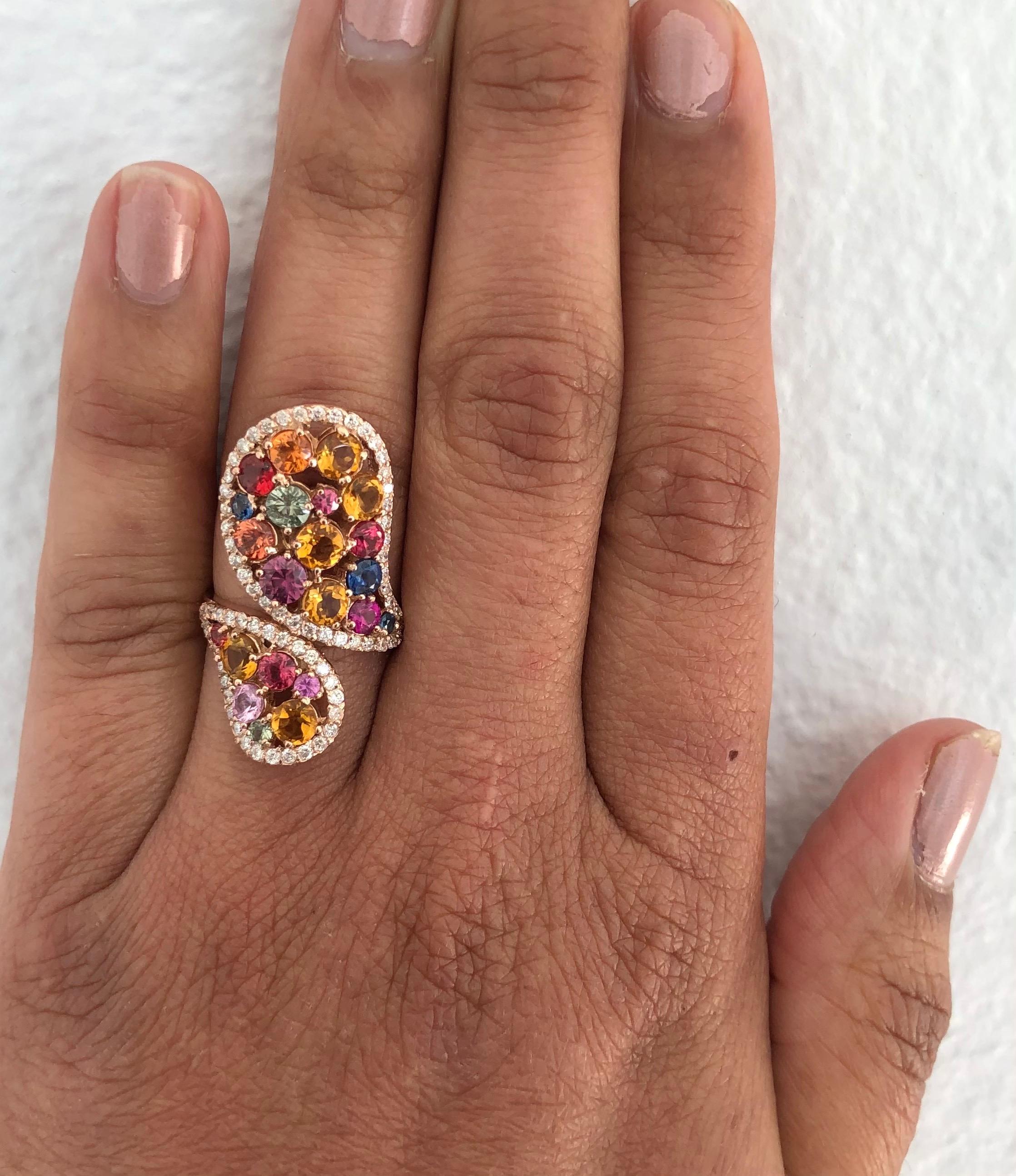Multi-Color Sapphire Topaz and Diamond Rose Gold Cocktail Ring 1