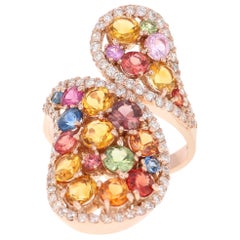 Multi-Color Sapphire Topaz and Diamond Rose Gold Cocktail Ring