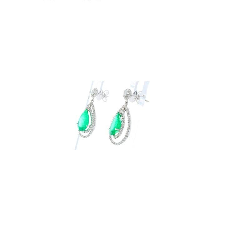 Contemporary AGL Certified 4.45 Carat Total Pear Shape Emerald & Diamond Earrings in 18K Gold