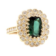 4.45 Carat Natural Green Tourmaline and Diamond 18 Karat Solid Yellow Gold Ring