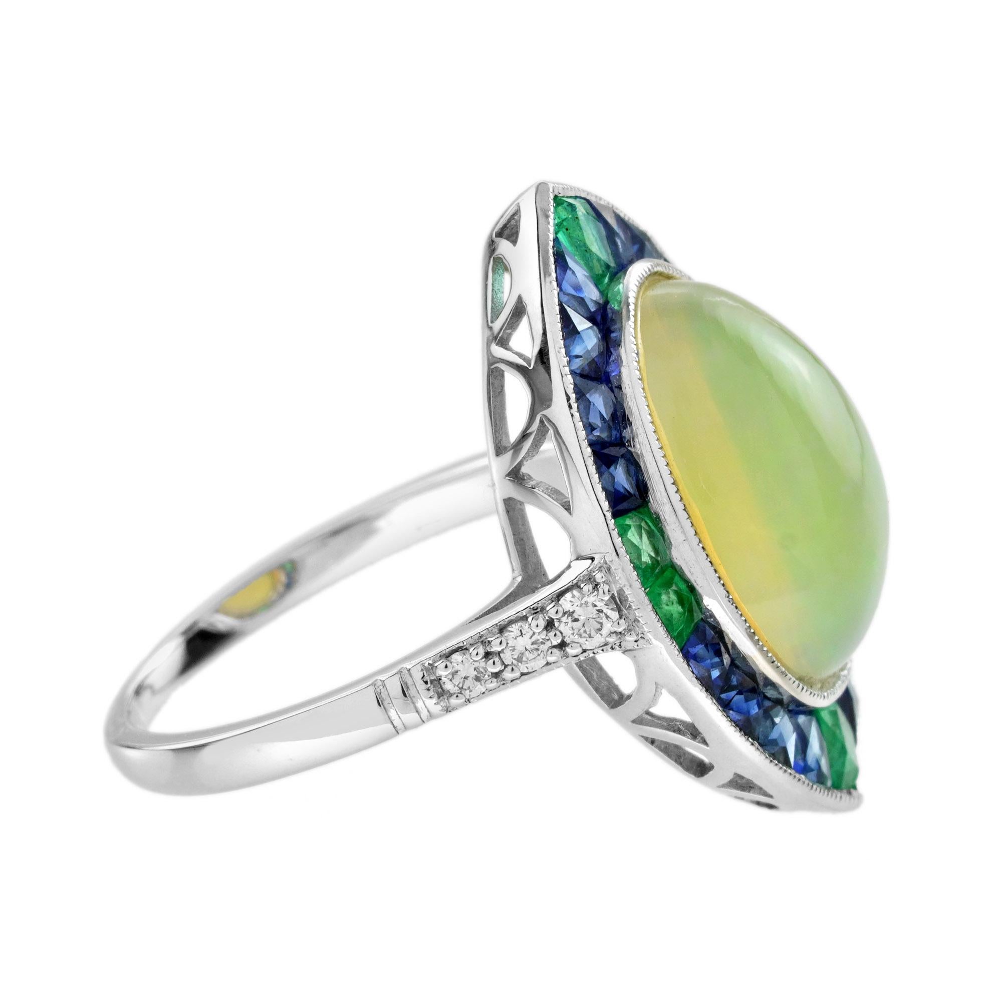 Art Deco 4.45 Ct. Ethiopian Opal Emerald Sapphire Diamond Cocktail Ring 18K White Gold For Sale