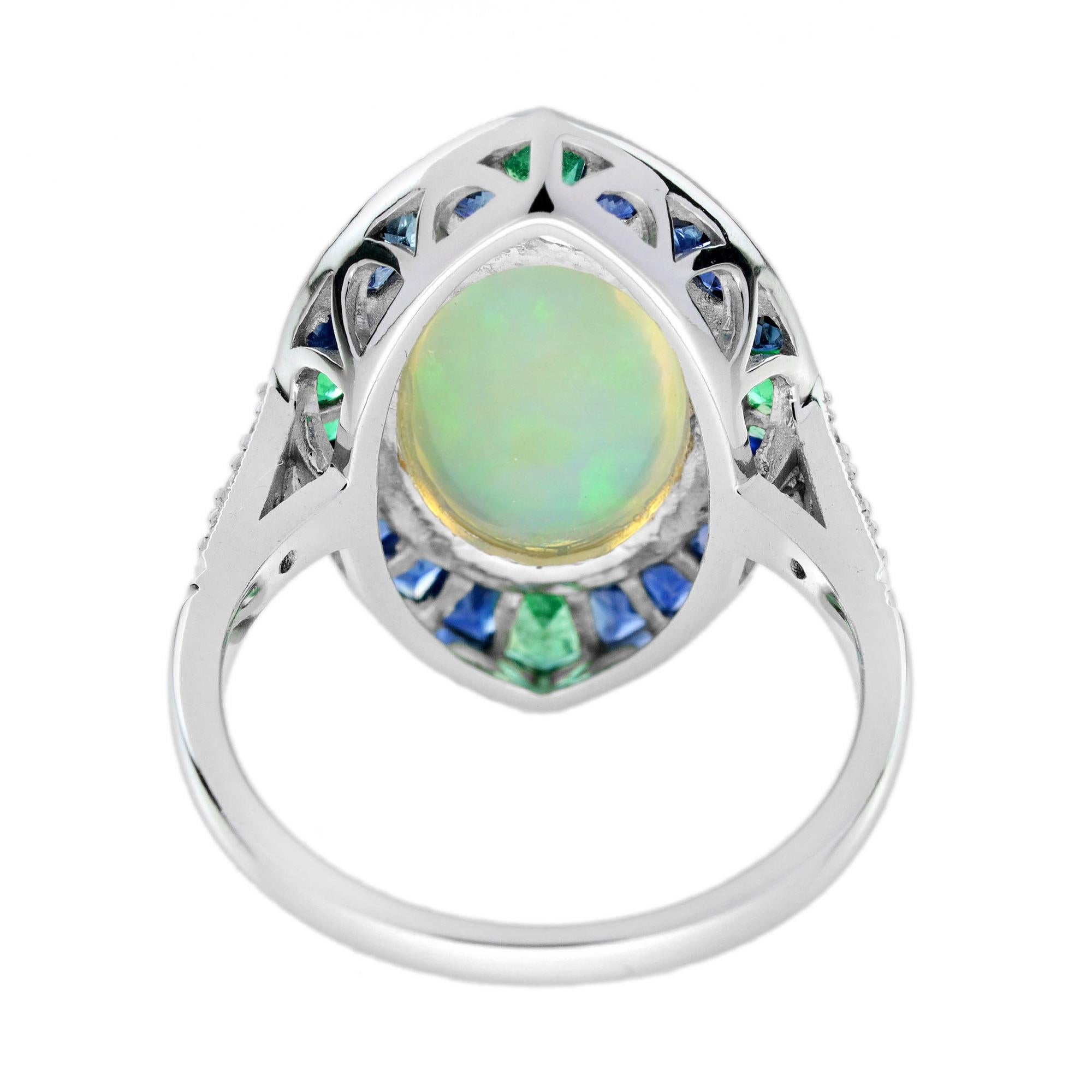 Oval Cut 4.45 Ct. Ethiopian Opal Emerald Sapphire Diamond Cocktail Ring 18K White Gold For Sale