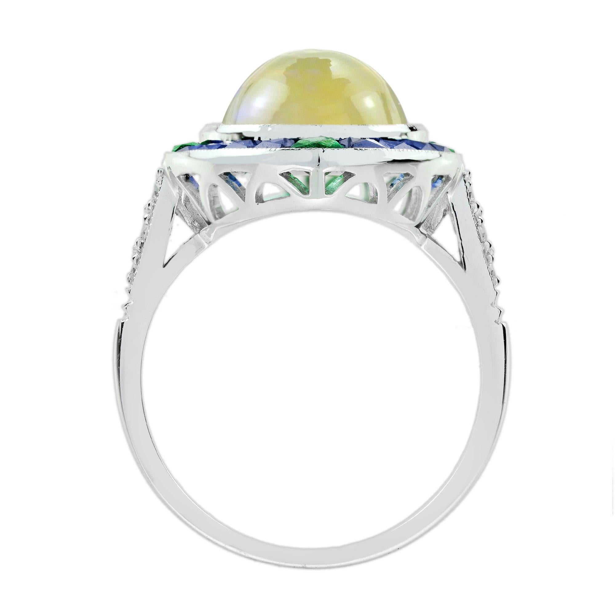 4.45 Ct. Ethiopian Opal Emerald Sapphire Diamond Cocktail Ring 18K White Gold In New Condition For Sale In Bangkok, TH