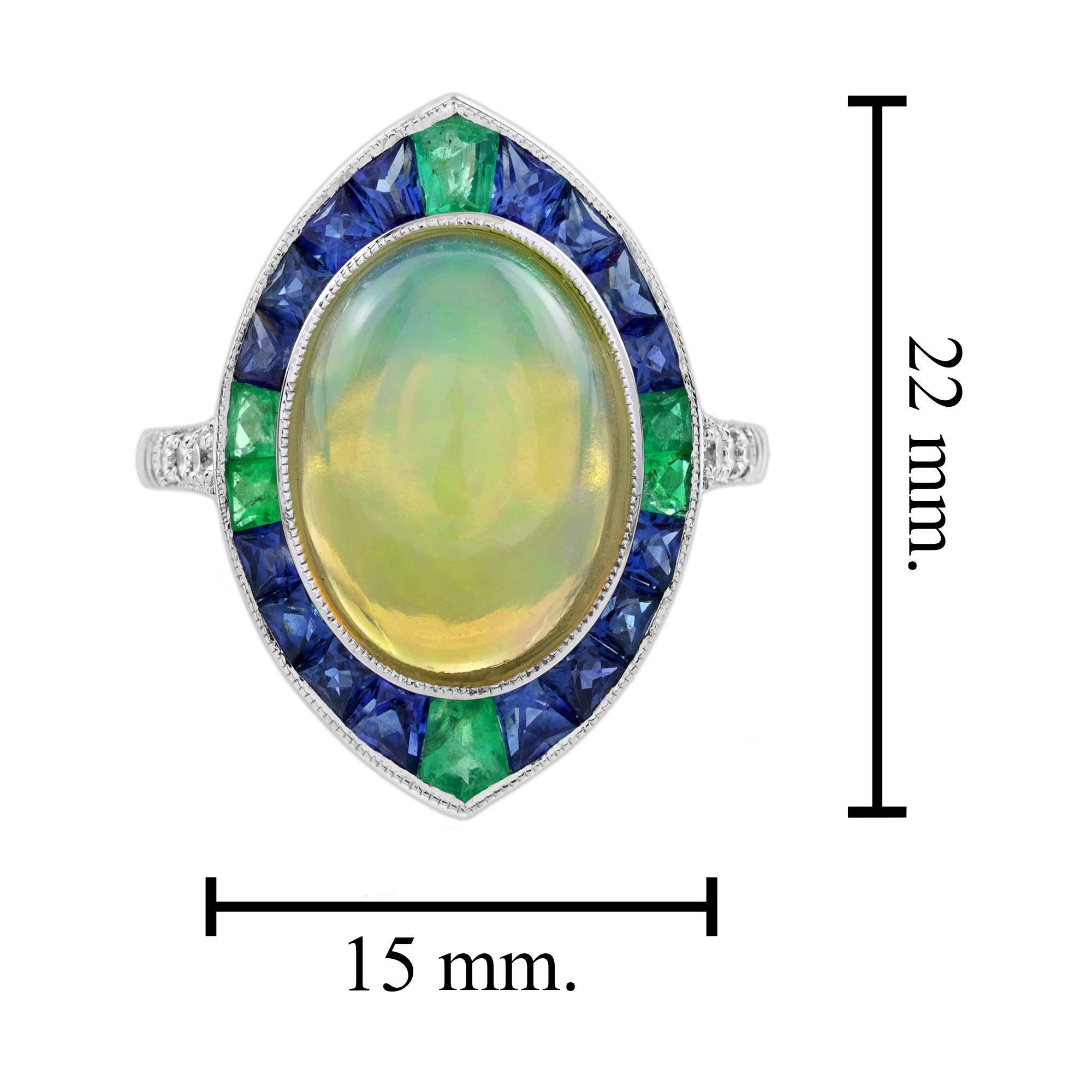 Women's 4.45 Ct. Ethiopian Opal Emerald Sapphire Diamond Cocktail Ring 18K White Gold For Sale
