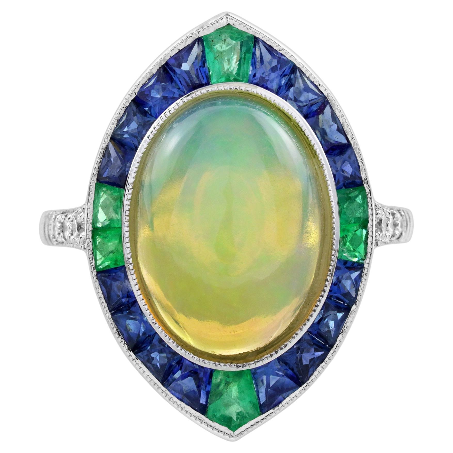 4.45 Ct. Ethiopian Opal Emerald Sapphire Diamond Cocktail Ring 18K White Gold For Sale