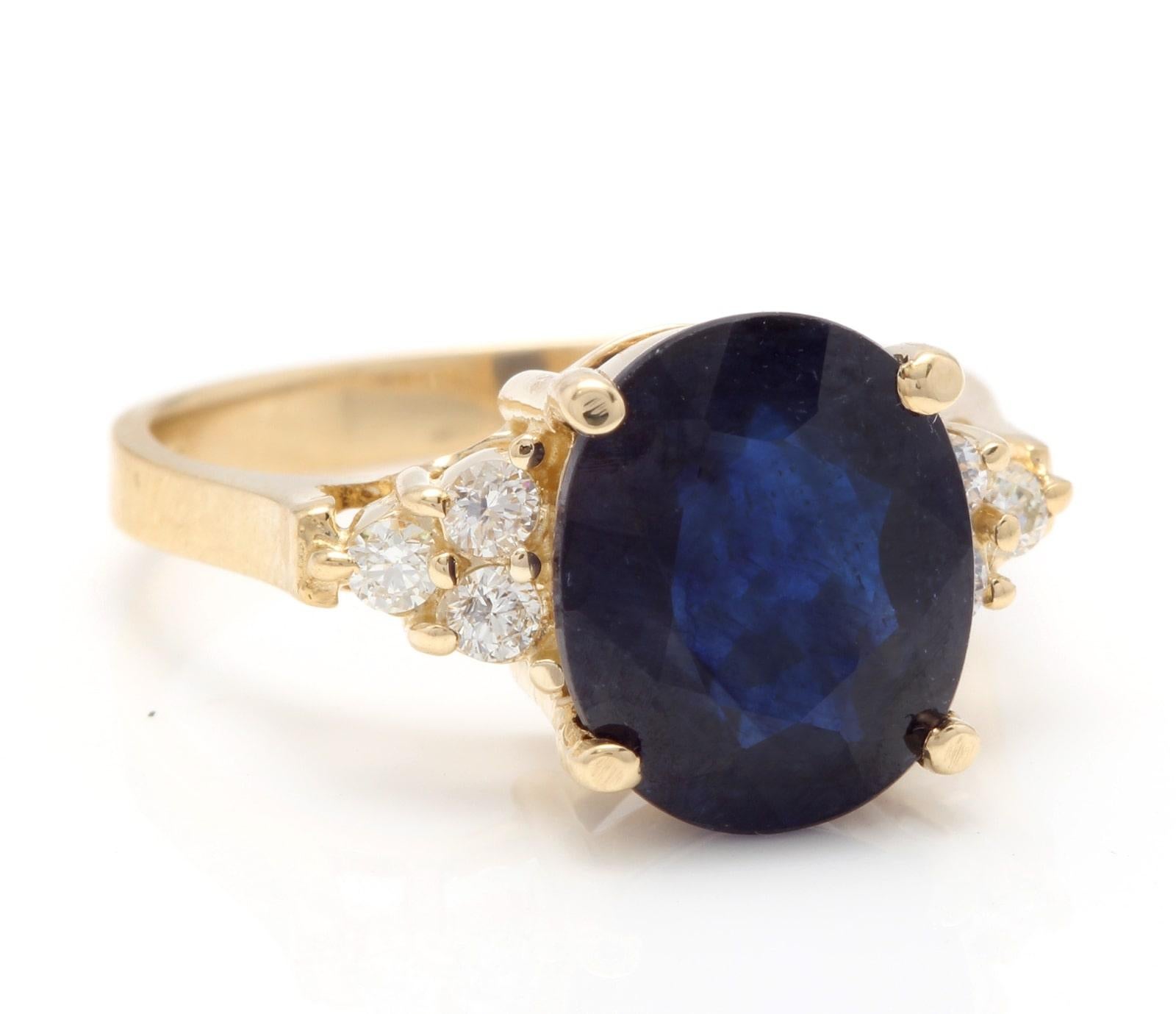 4.45 Carats Exquisite Natural Blue Sapphire and Diamond 14K Solid Yellow Gold Ring

Suggested Replacement Value $4,500.00

Total Natural Blue Sapphire Weights: Approx. 4.20 Carats 

Sapphire Measures: 10.00 x 8.00mm

Sapphire Treatment: