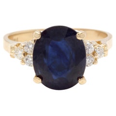 4,45 Karat Exquisite natürlicher blauer Saphir und Diamant 14K massiver Gelbgold Ring
