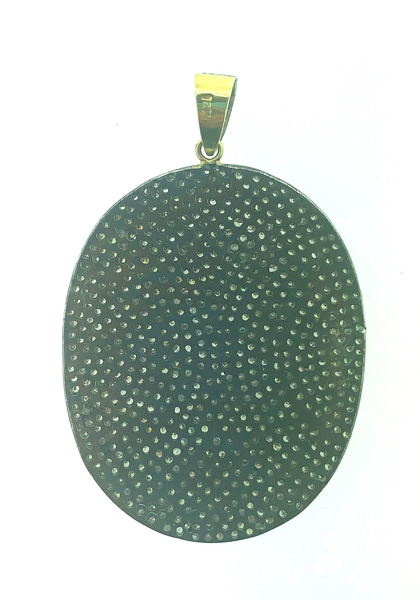 Contemporary 4.45 Carat Oval Pave Diamond Pendant in Oxidized Sterling Silver, 14 Karat Gold For Sale