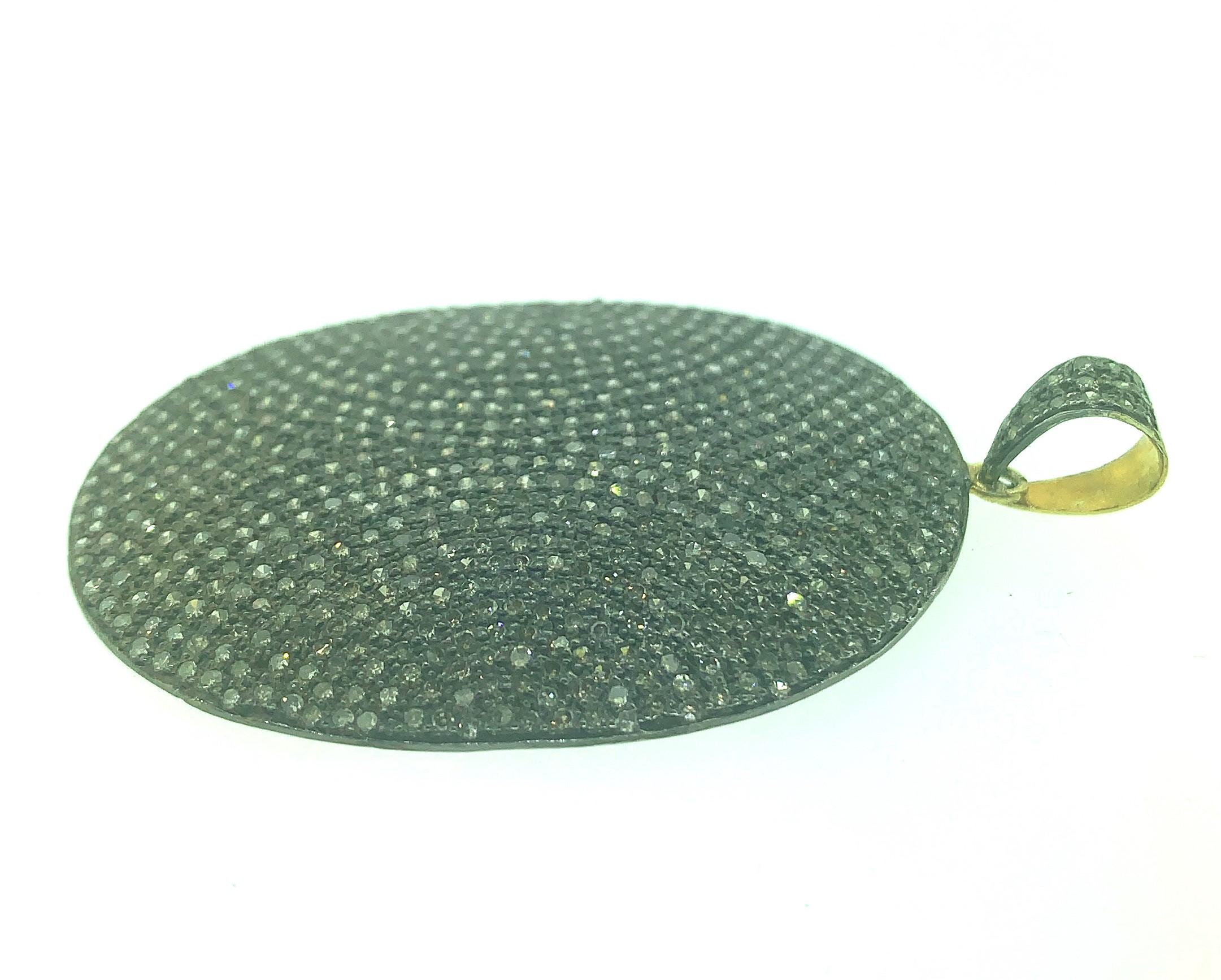 4.45 Carat Oval Pave Diamond Pendant in Oxidized Sterling Silver, 14 Karat Gold In New Condition For Sale In New York, NY