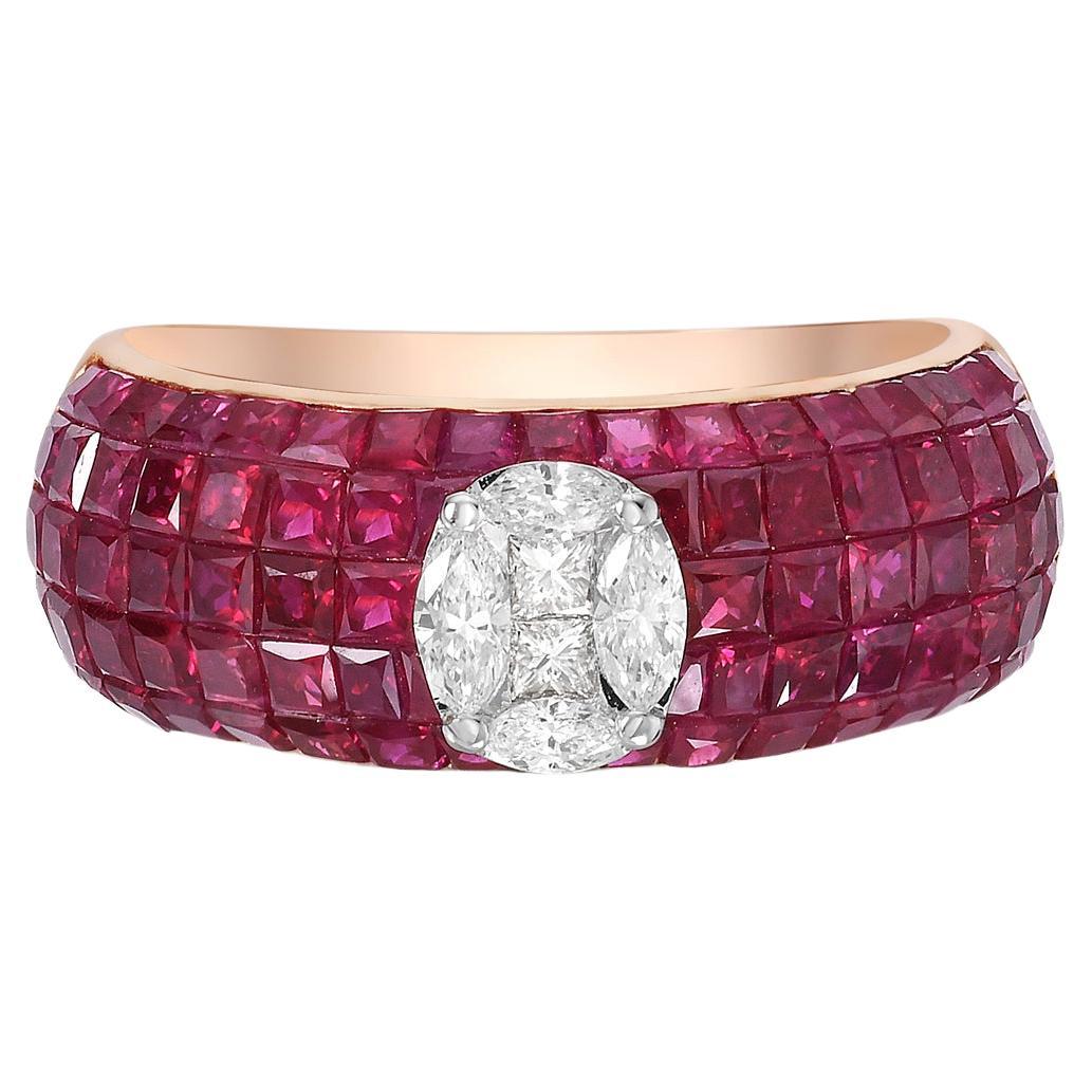 4.45 Ct Ruby Band Ring With Center Diamond Made In 18k Gold