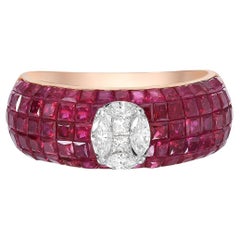 4.45 Ct Ruby Band Ring With Center Diamond Made In 18k Gold
