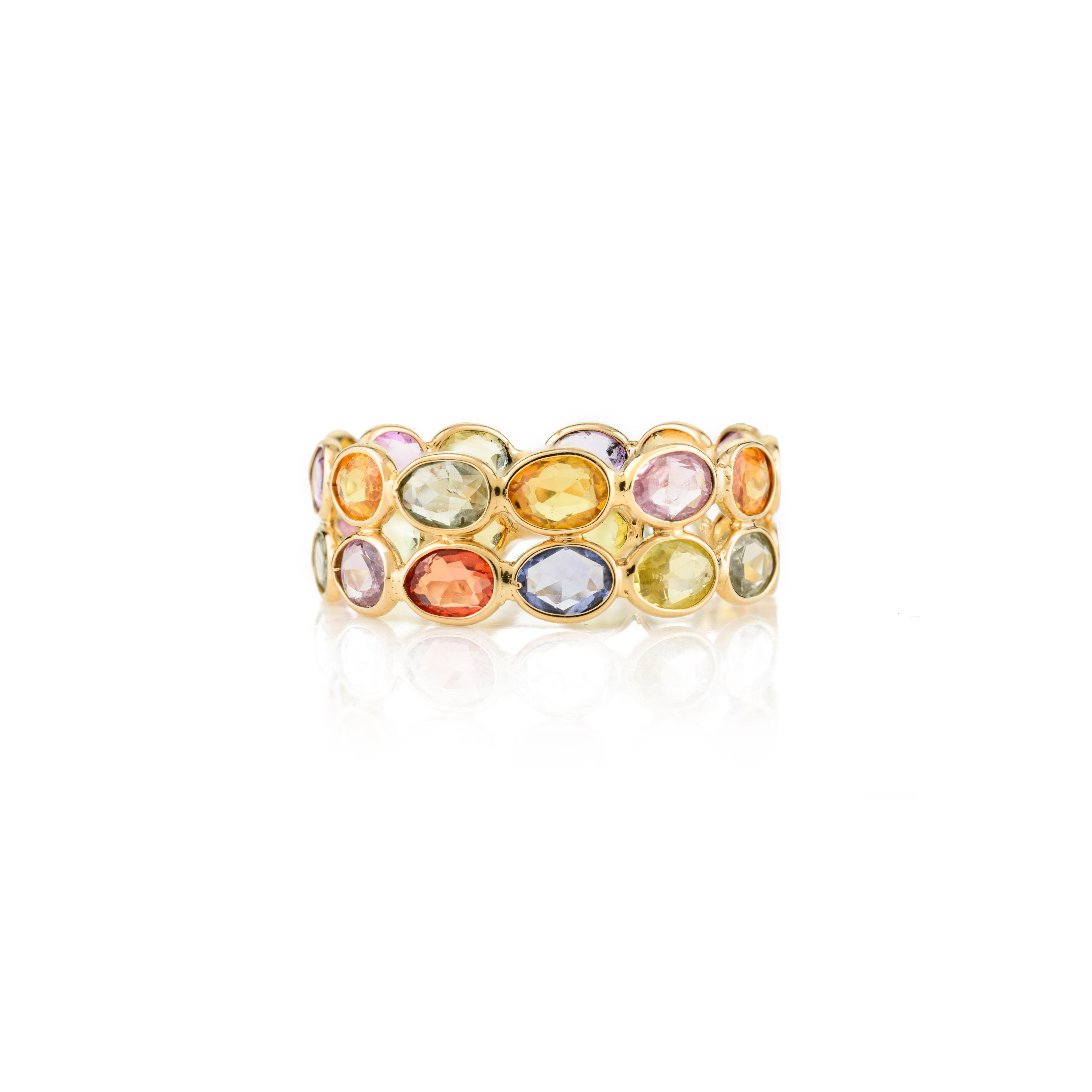 En vente :  4.45 CTW Multi Color Sapphire Double Band Ring for Her in 18k Yellow Gold (bague à double anneau en or jaune 18k) 3