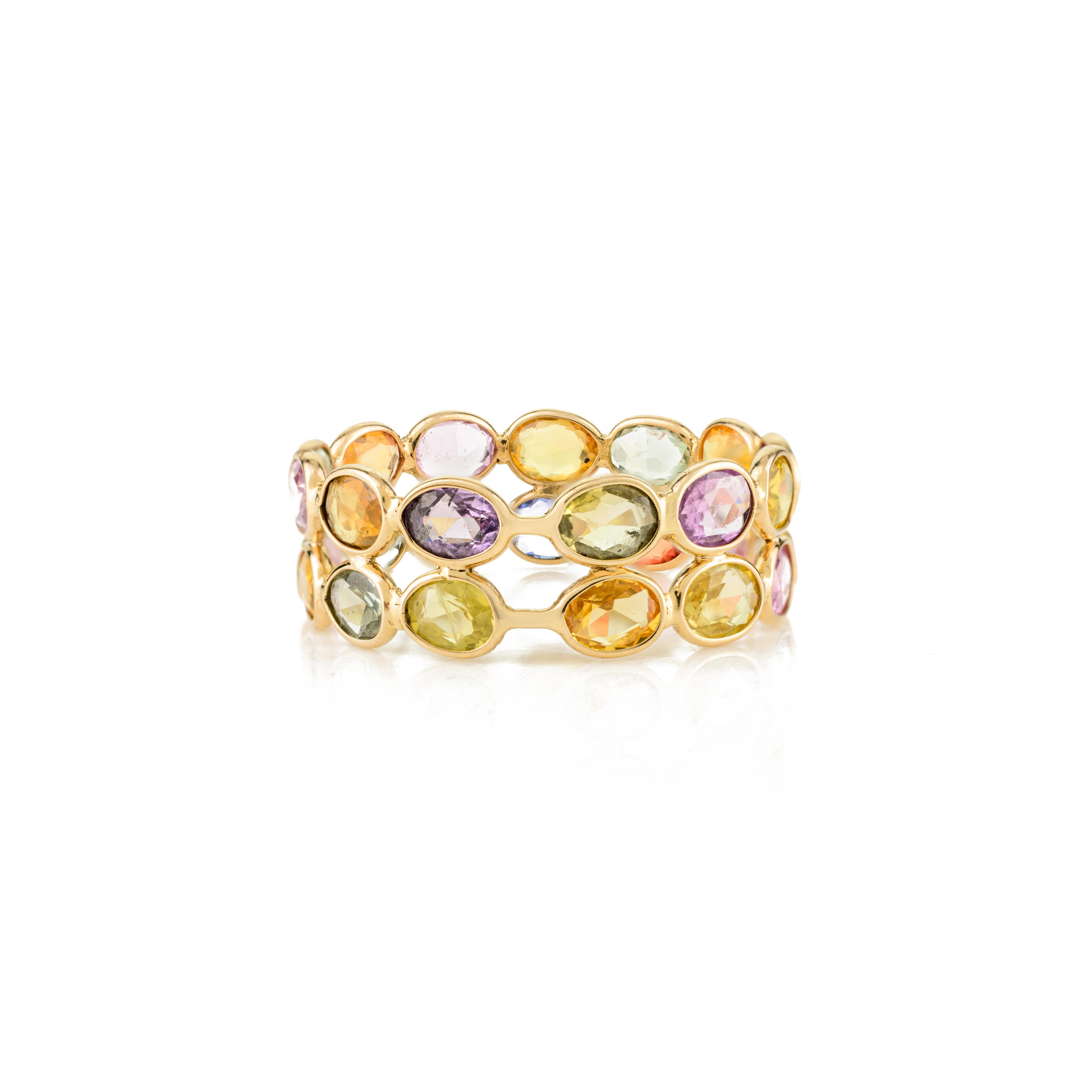En vente :  4.45 CTW Multi Color Sapphire Double Band Ring for Her in 18k Yellow Gold (bague à double anneau en or jaune 18k) 5