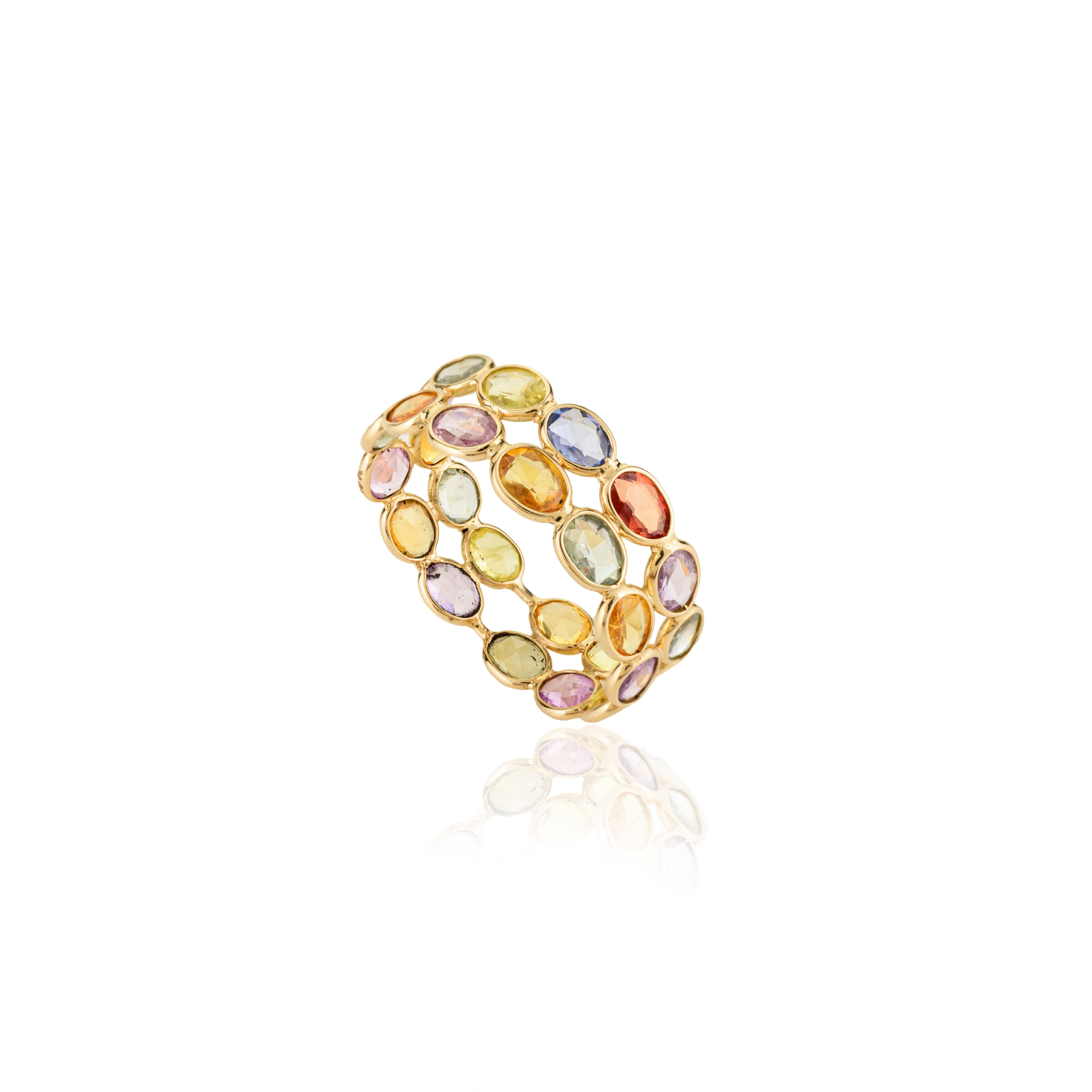 En vente :  4.45 CTW Multi Color Sapphire Double Band Ring for Her in 18k Yellow Gold (bague à double anneau en or jaune 18k) 7