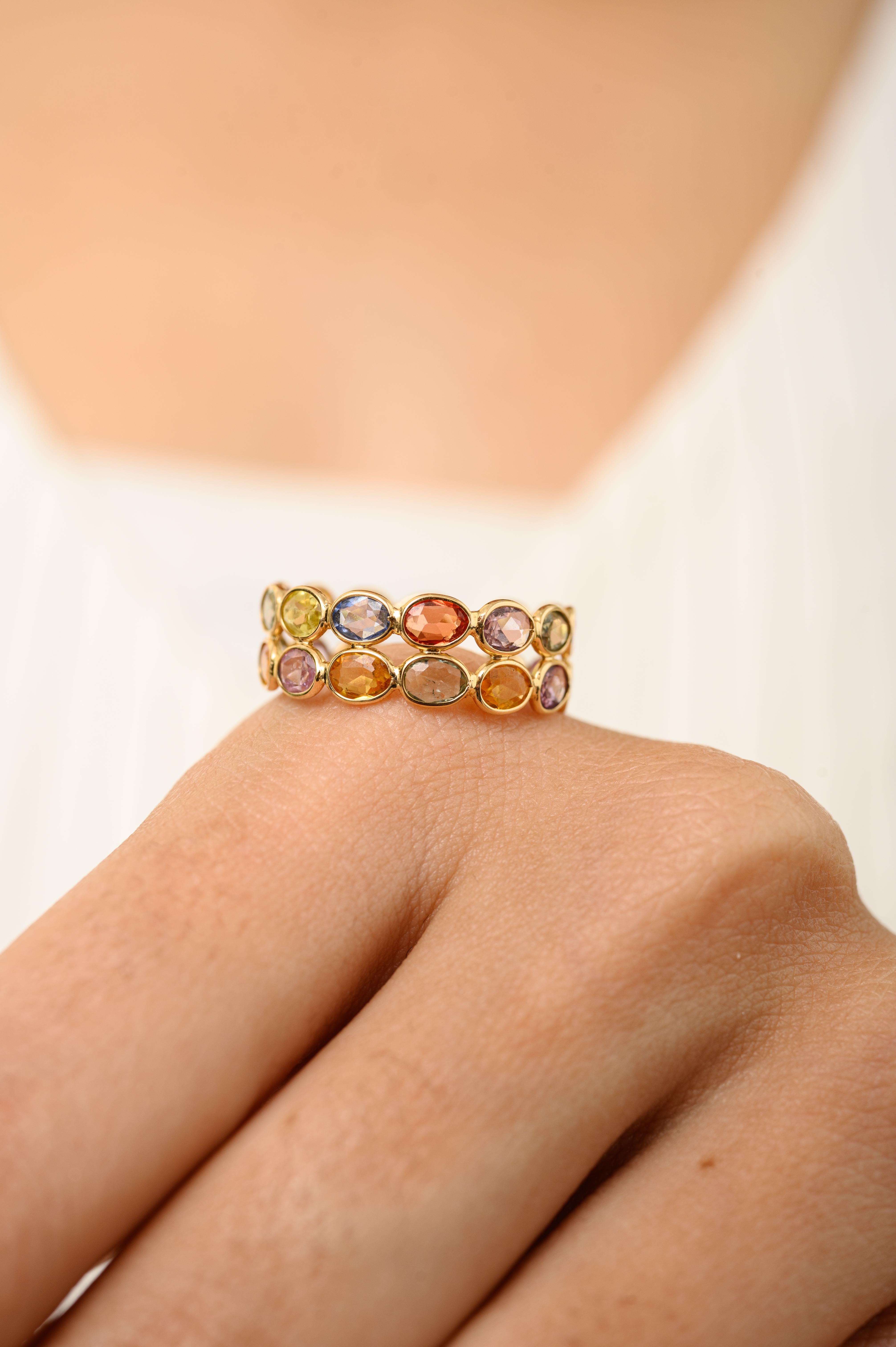 En vente :  4.45 CTW Multi Color Sapphire Double Band Ring for Her in 18k Yellow Gold (bague à double anneau en or jaune 18k) 8