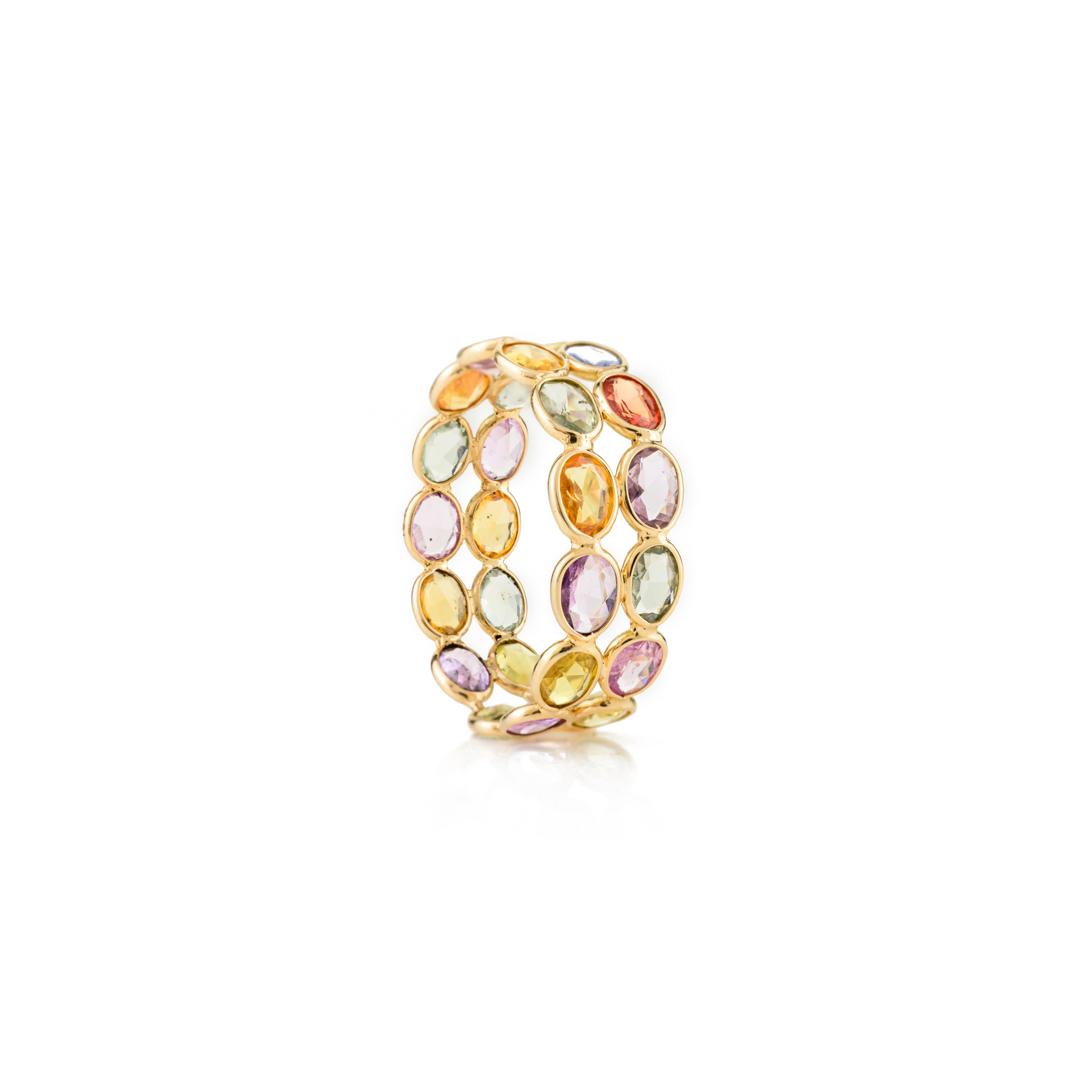 For Sale:  4.45 CTW Multi Color Sapphire Double Band Ring for Her in 18k Yellow Gold 9