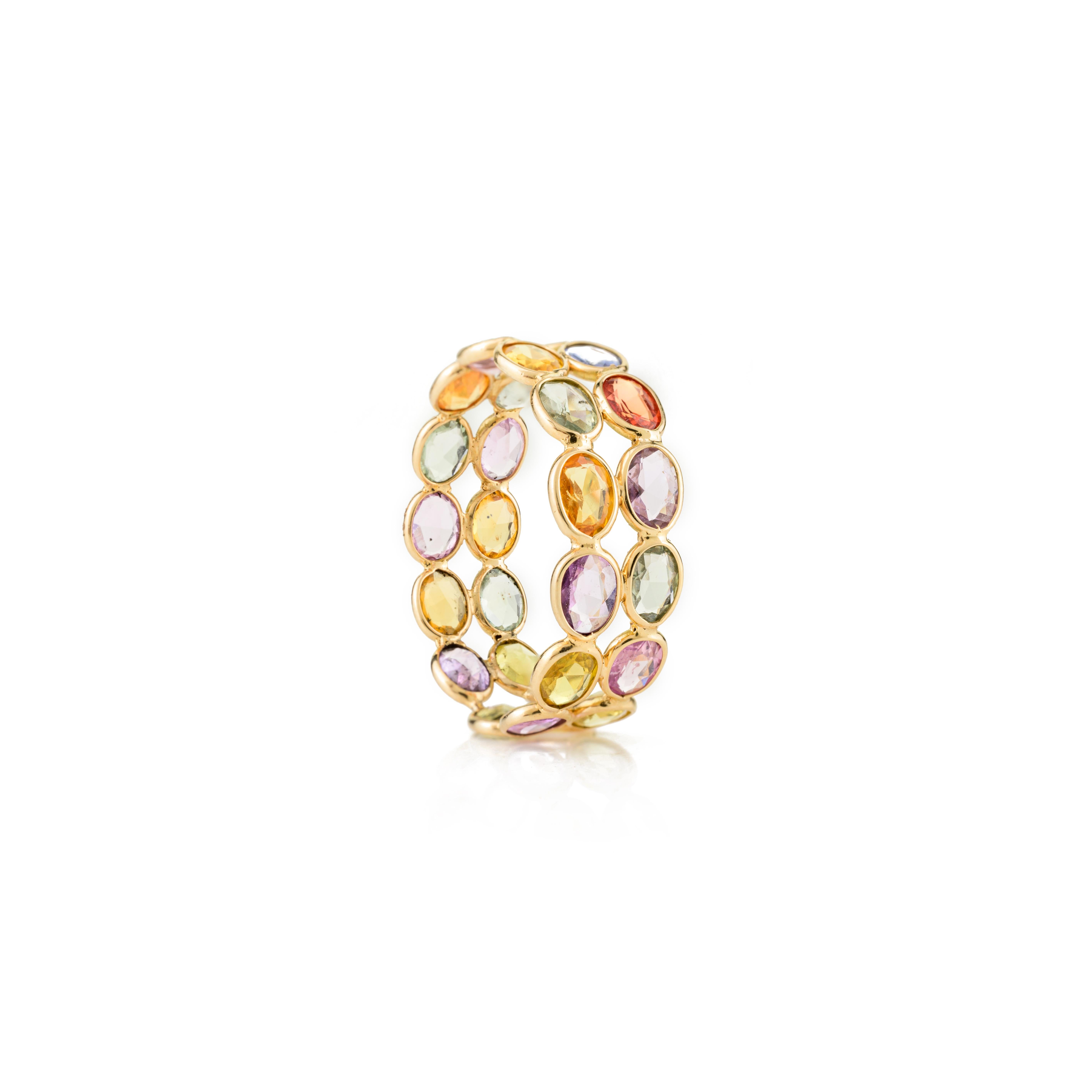 En vente :  4.45 CTW Multi Color Sapphire Double Band Ring for Her in 18k Yellow Gold (bague à double anneau en or jaune 18k) 9