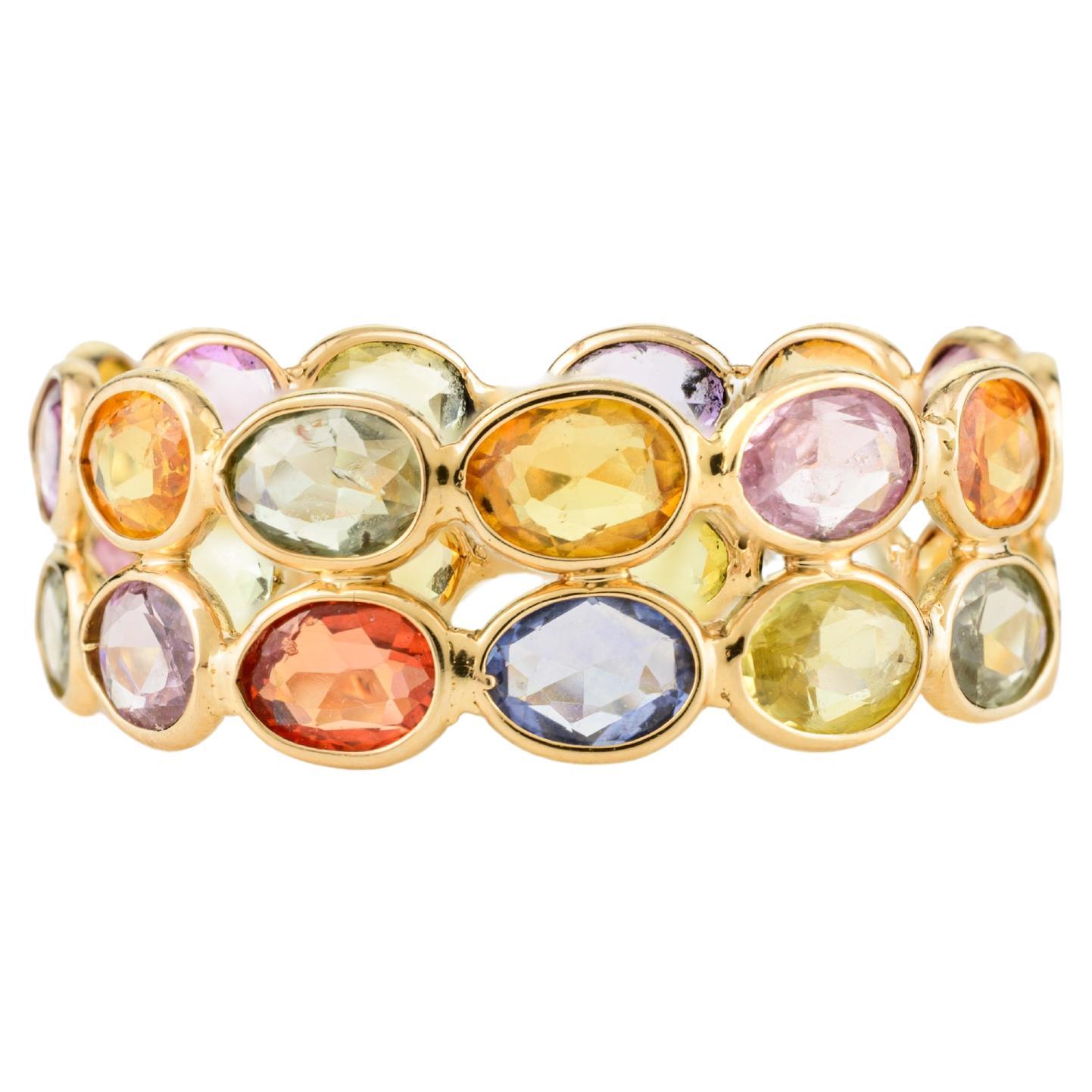 For Sale:  4.45 CTW Multi Color Sapphire Double Band Ring for Her in 18k Yellow Gold