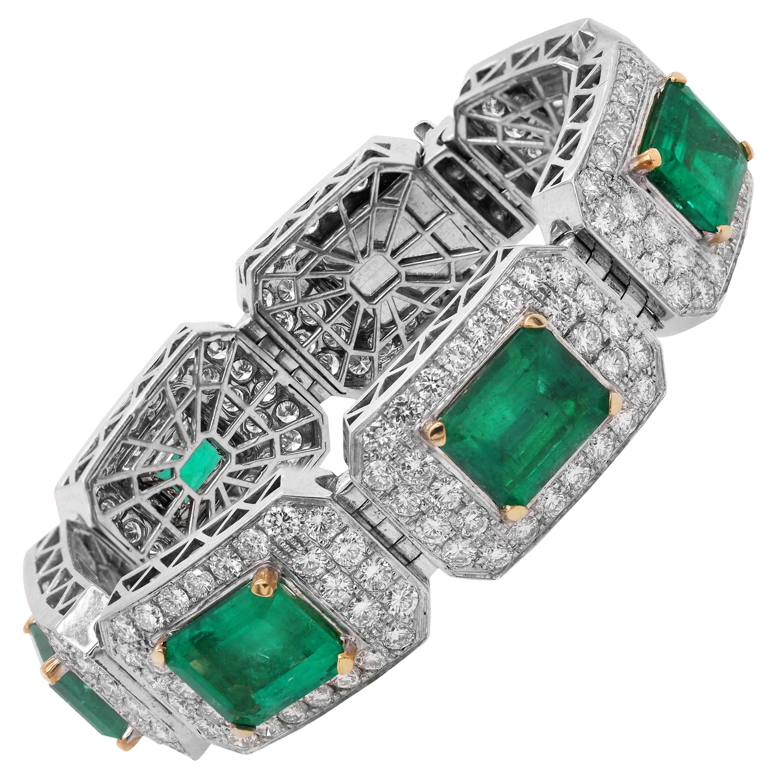 44.50 Carat Emerald Diamond 18 Karat White Yellow Gold Wide Bracelet