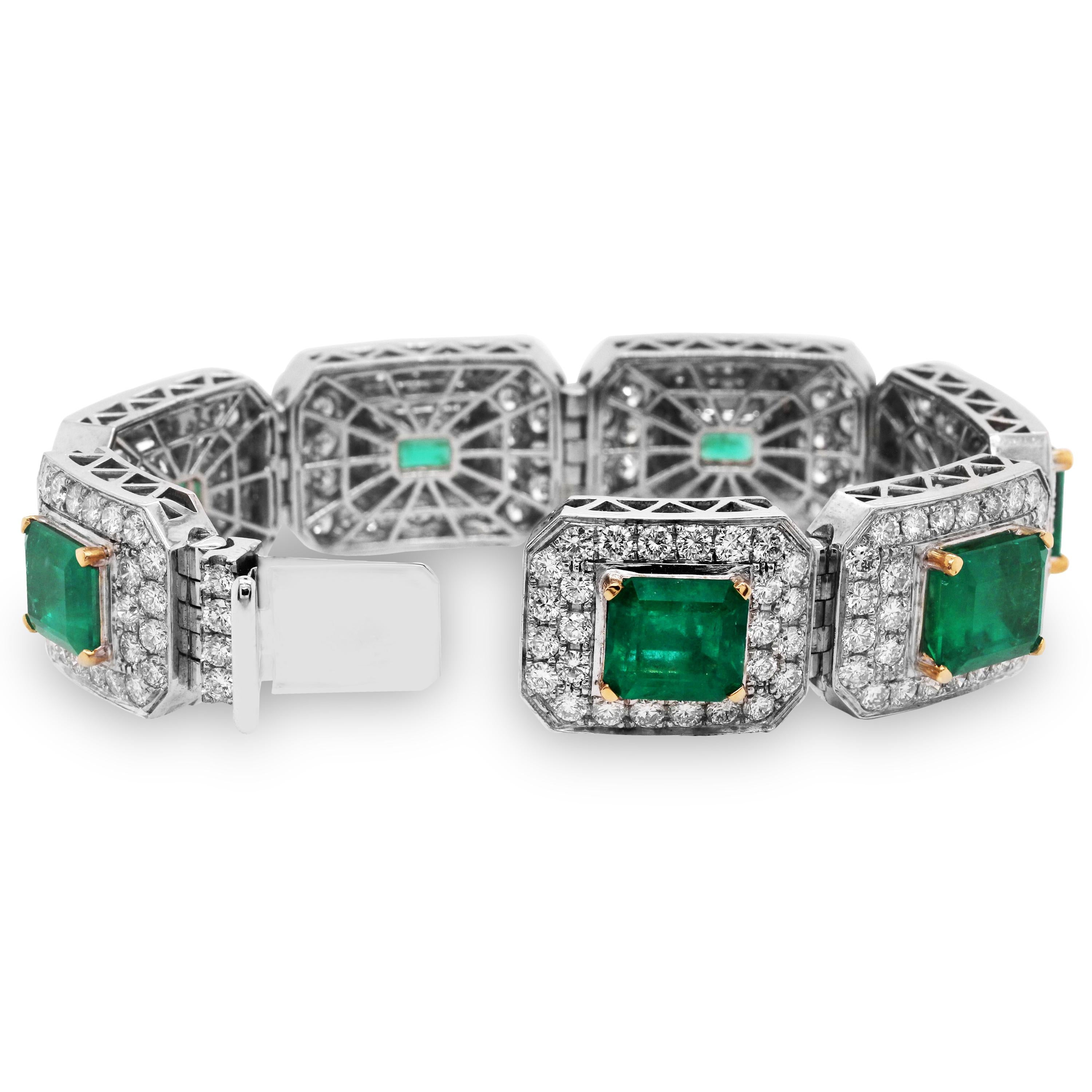 Contemporary 44.50 Carat Emerald Diamond 18 Karat White Yellow Gold Wide Bracelet For Sale