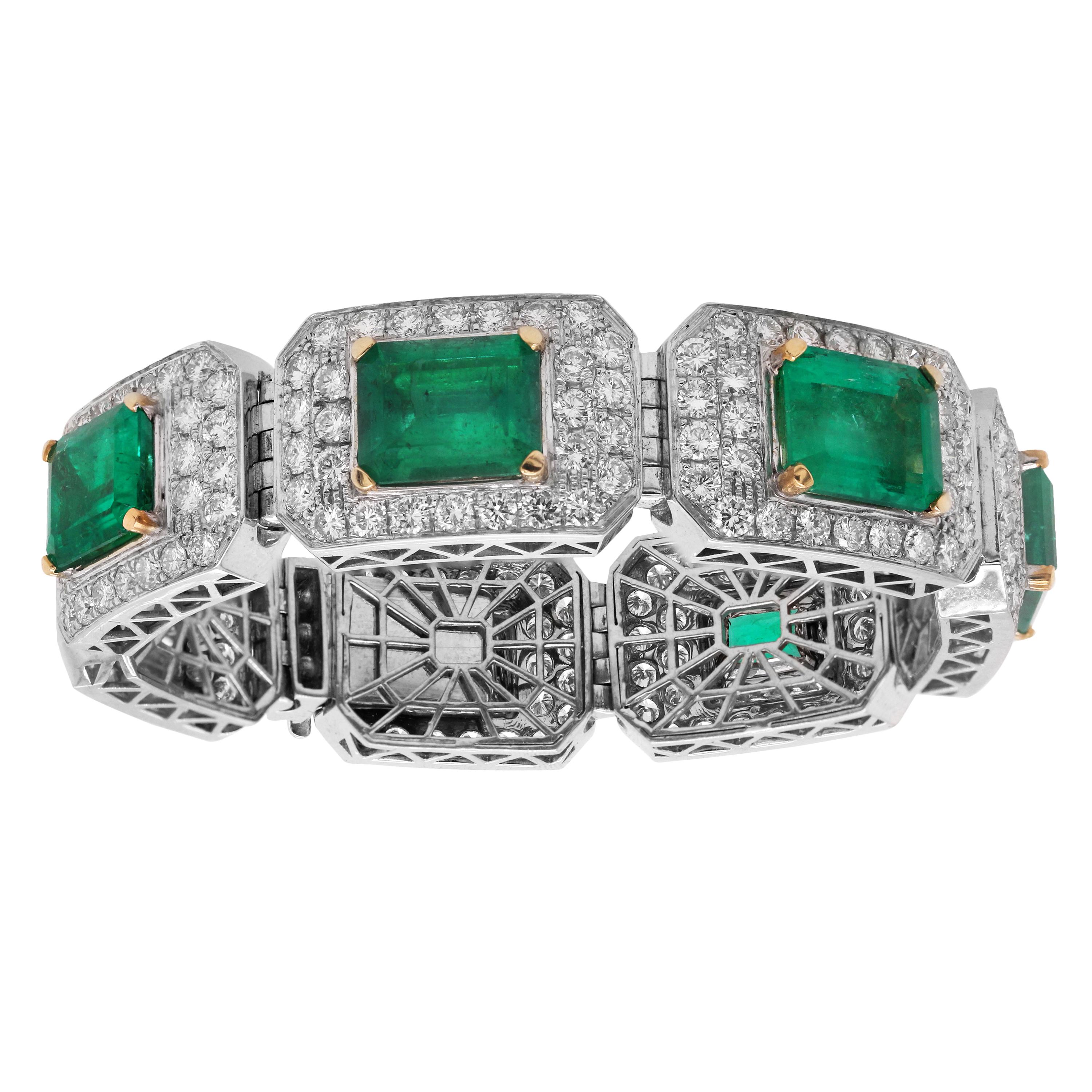 Emerald Cut 44.50 Carat Emerald Diamond 18 Karat White Yellow Gold Wide Bracelet For Sale