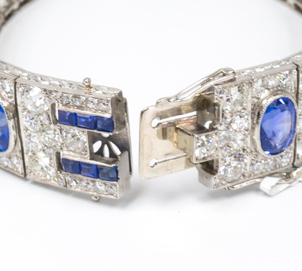 Round Cut 44.50 Carat Sapphire and Diamond Art Deco Style Bracelet in Platinum