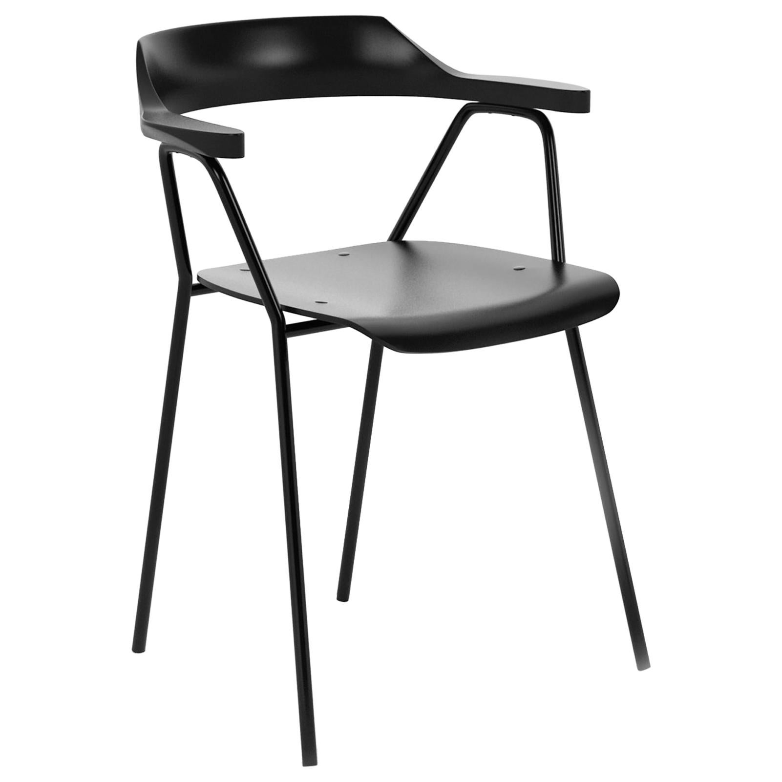 4455 Dining Chair with Metal Frame, Solid Oak Backrest and Black Plywood Seat For Sale