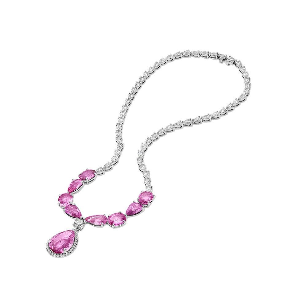 Modern 44.55ct Pink Pear Shape Sapphire & Diamond Necklace in 18KT Gold For Sale
