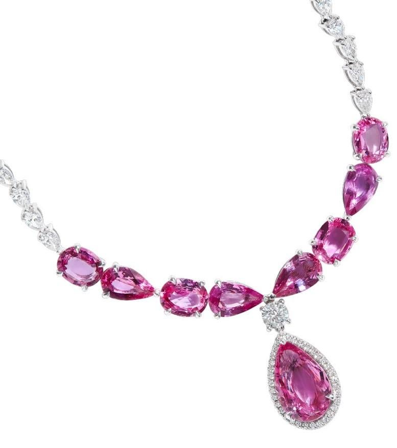 Pear Cut 44.55ct Pink Pear Shape Sapphire & Diamond Necklace in 18KT Gold For Sale