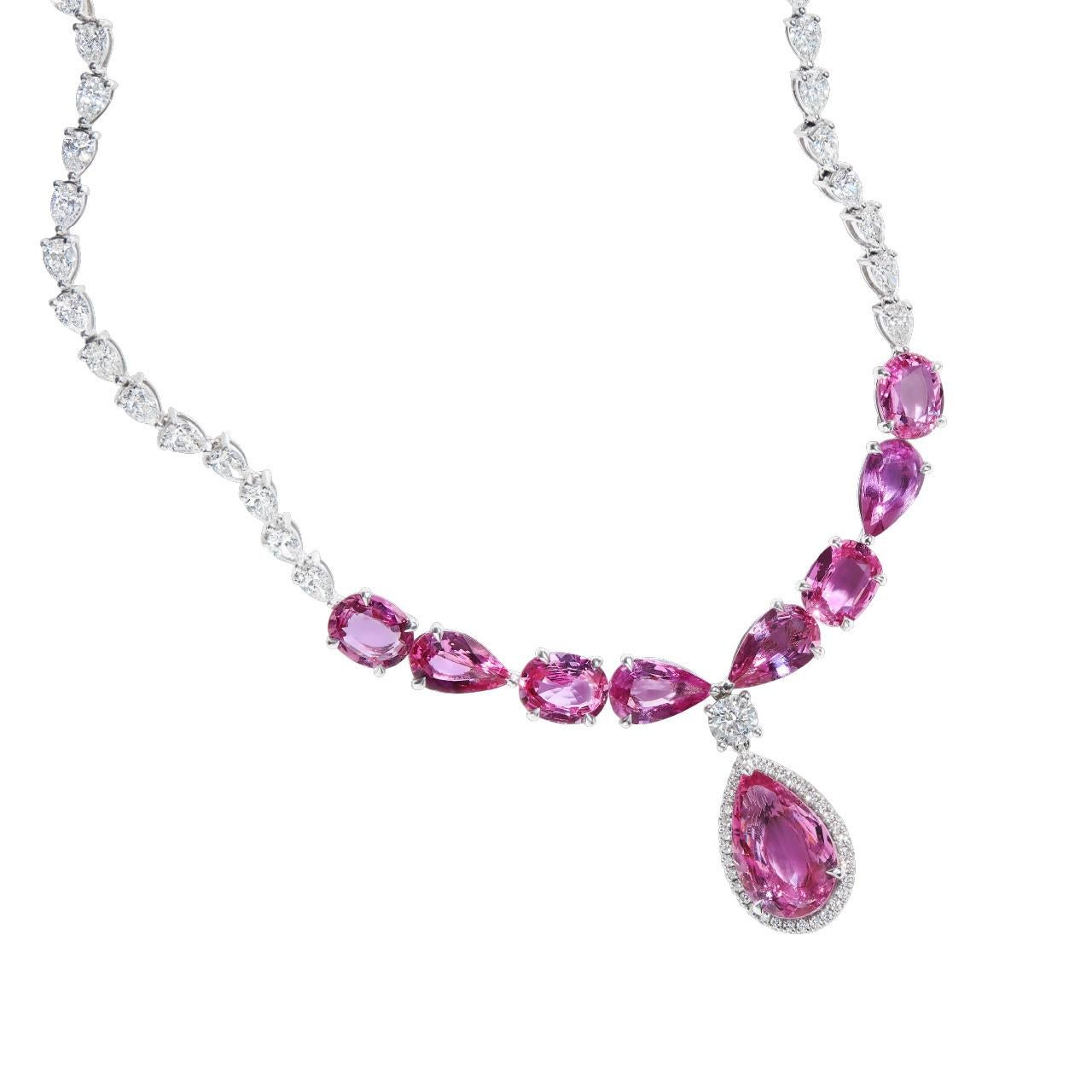44.55ct Pink Pear Shape Sapphire & Diamond Necklace in 18KT Gold In New Condition For Sale In New York, NY
