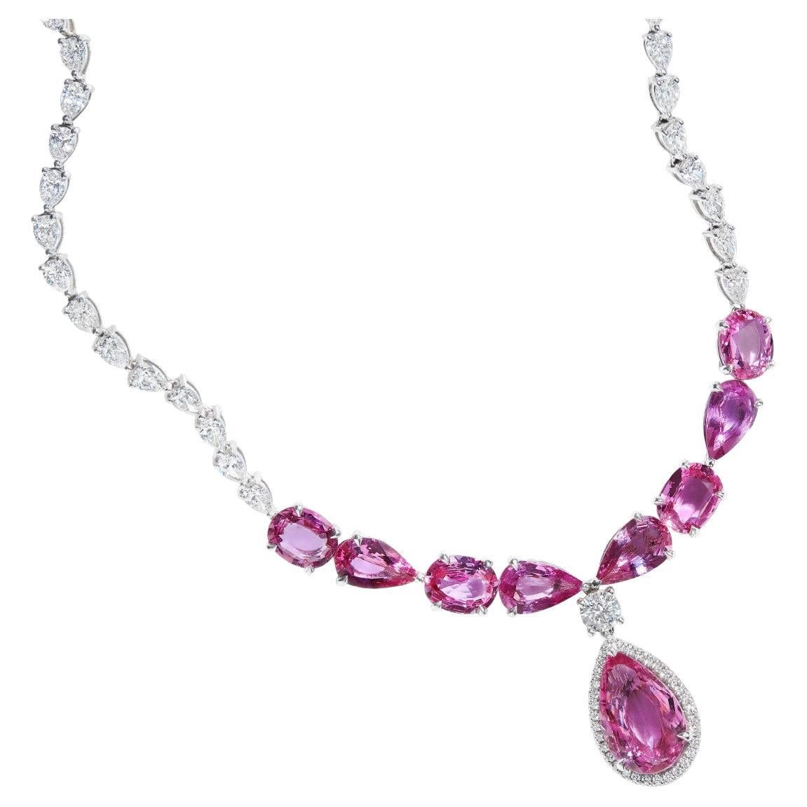 44.55ct Pink Pear Shape Sapphire & Diamond Necklace in 18KT Gold For Sale