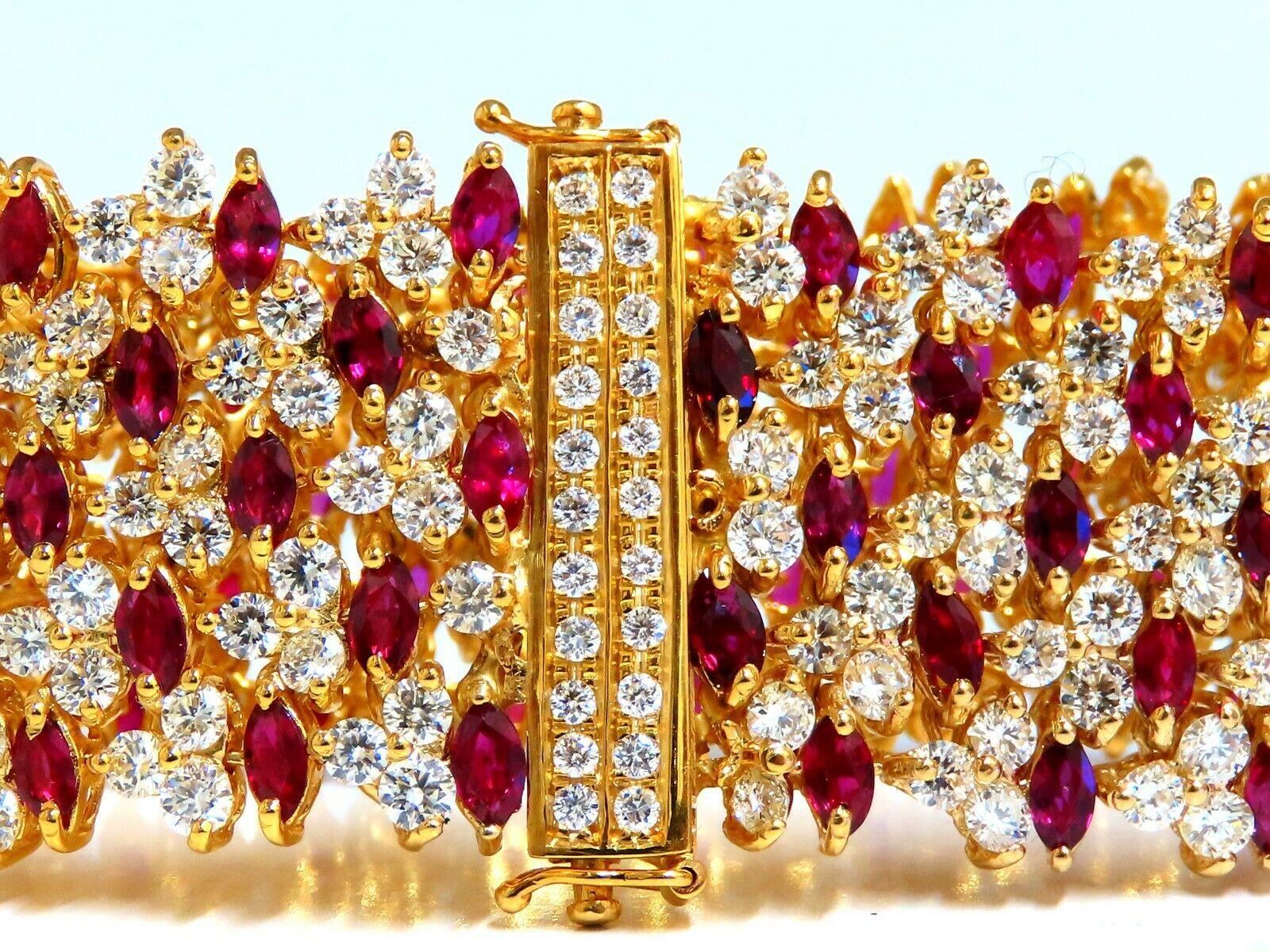 Ruby Diamond Cluster Line Cuff Bracelet

20.12ct. Natural Marquise Rubies.

Marquise, full cuts 

Clean clarity

Transparent & Vivid Reds.

Average 5 x 3mm each

Mix of Heated & Non Heated Rubies.

24.46ct Natural Diamonds

Rounds & full cuts

Vs-2